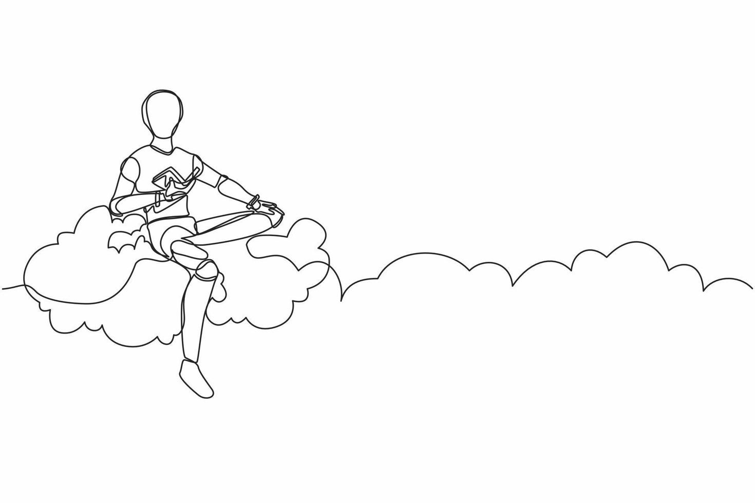 Single one line drawing robot relaxes and sitting on cloud reading book. Future technology development. Artificial intelligence and machine learning. Continuous line draw design vector illustration