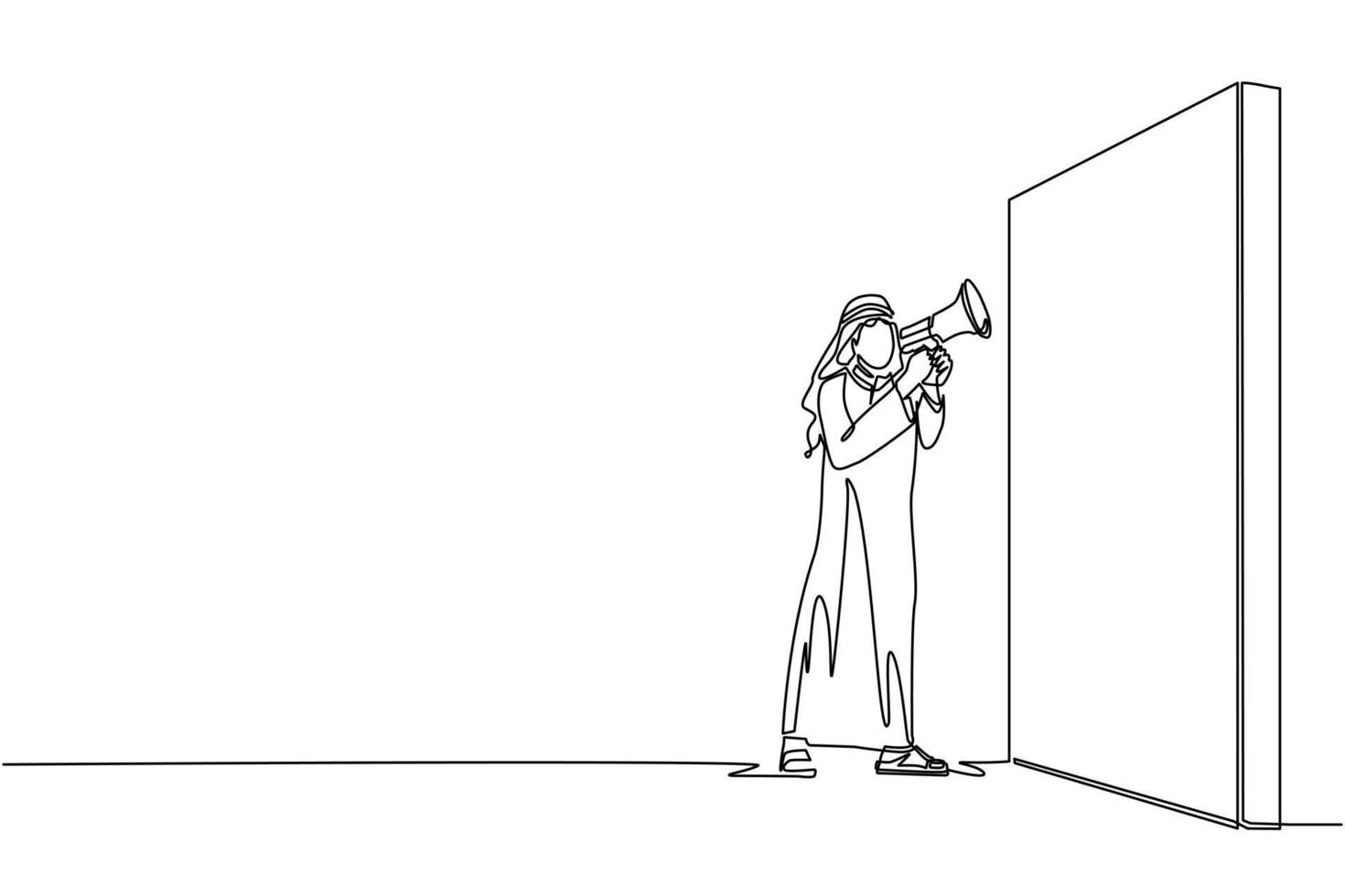 Single continuous line drawing Arabian businessman holding megaphone standing in front of wall. Man shouts on megaphone. Leader announces career promotions. One line draw design vector illustration