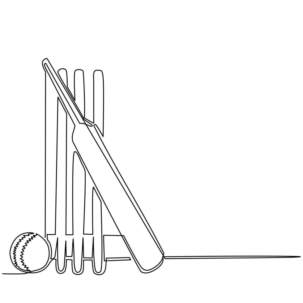 Continuous one line drawing cricket bat, ball, and wicket stumps isolated on white. Set equipment for cricket game. Competitive and challenging team sport. Single line draw design vector illustration