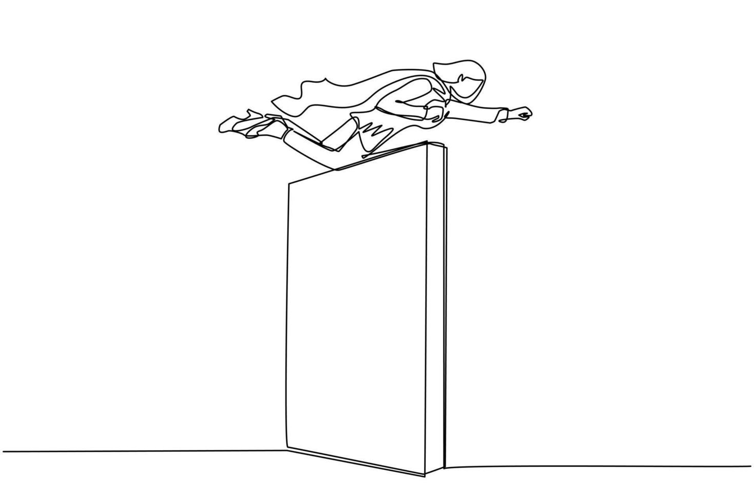 Single one line drawing super businesswoman flying over the wall. Employee superhero flying through the wall. Business concept power, success, overcome difficulties. Continuous line draw design vector