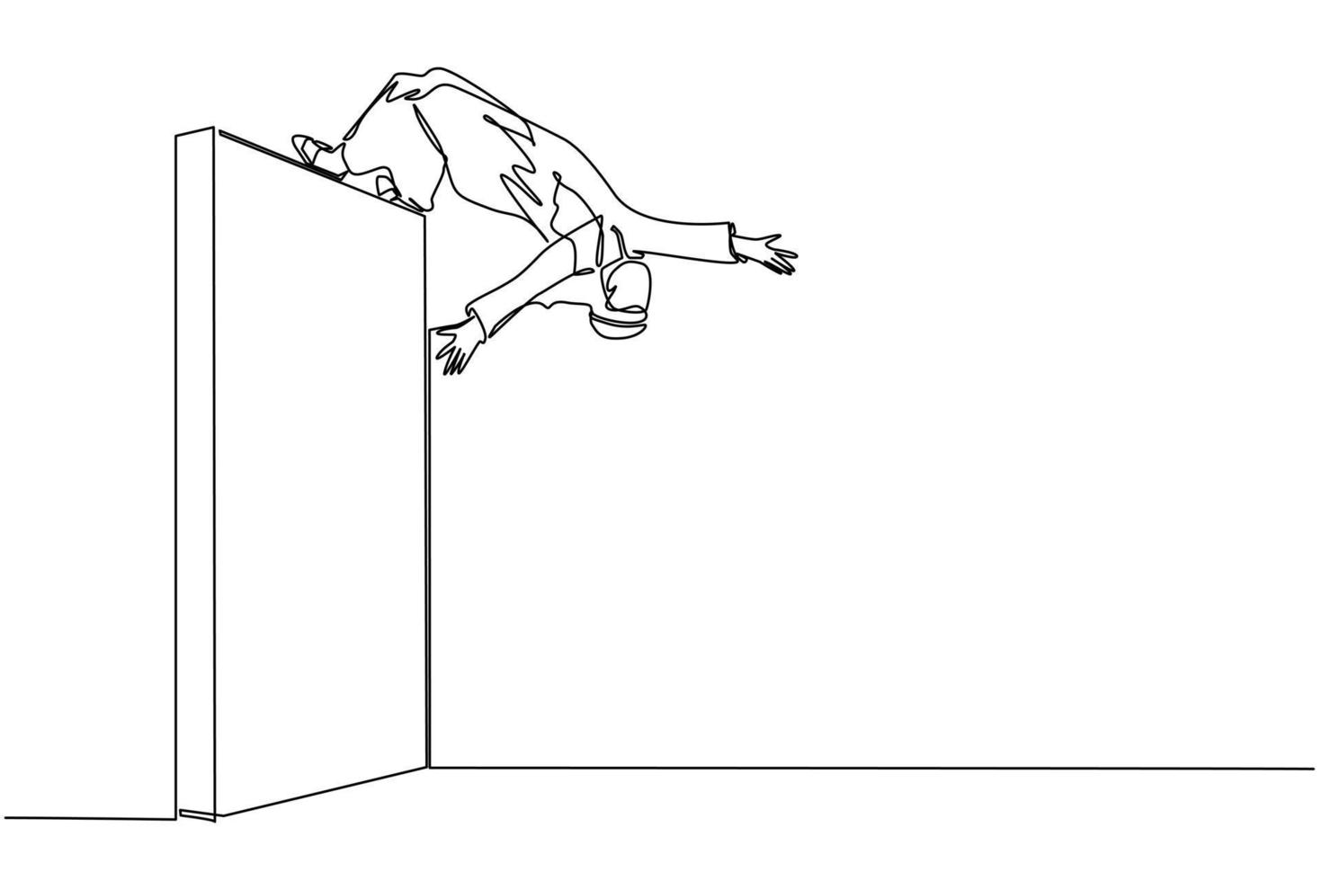 Continuous one line drawing Arabic businessman jumping over brick wall with acrobatic over head style to achieve his goal. Businessman jumping over the wall of barriers. Single line draw design vector