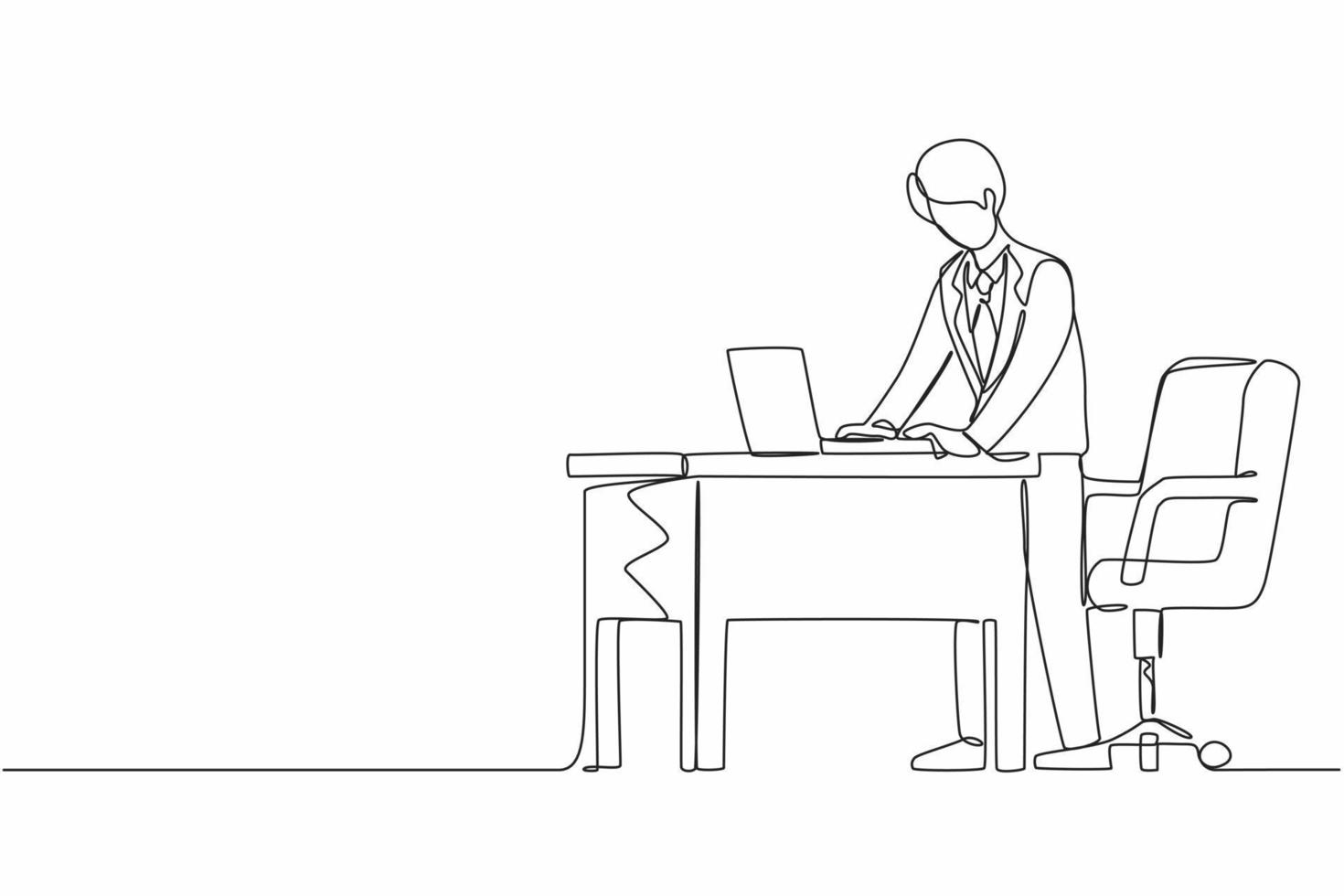 Single one line drawing man employee working at ergonomic workstation. Office furniture with computer and laptop. Male standing on foot rest behind desk. Continuous line draw design graphic vector