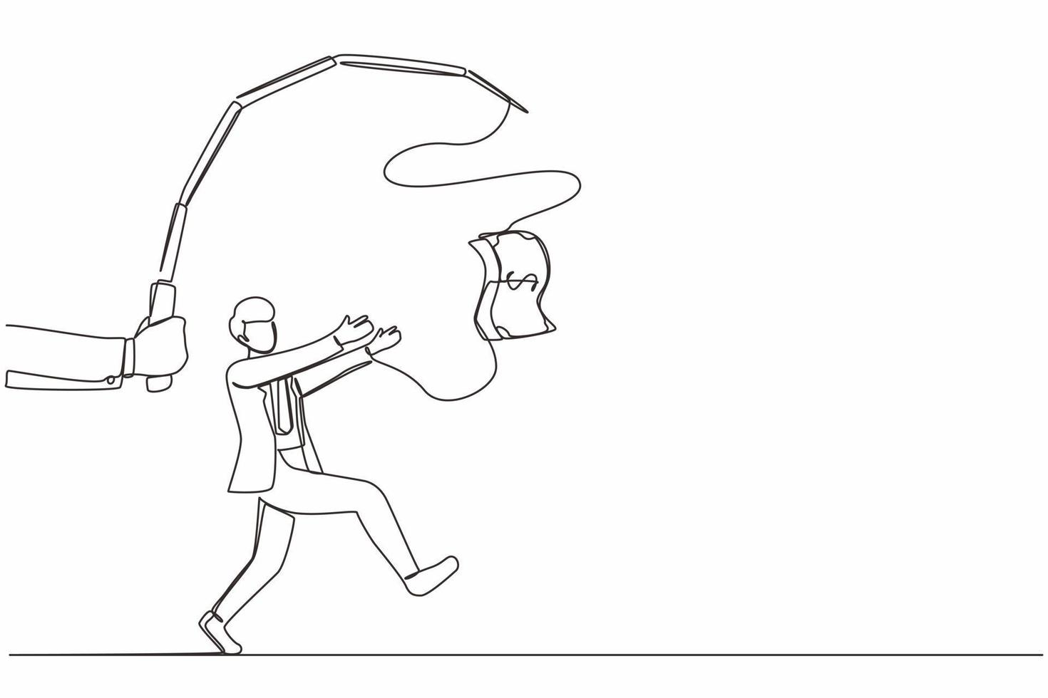 Single continuous line drawing hand with fishing pole and dollar cash control greedy businessman under hypnosis. Man running after dangling dollar and trying to catch it. One line draw design vector