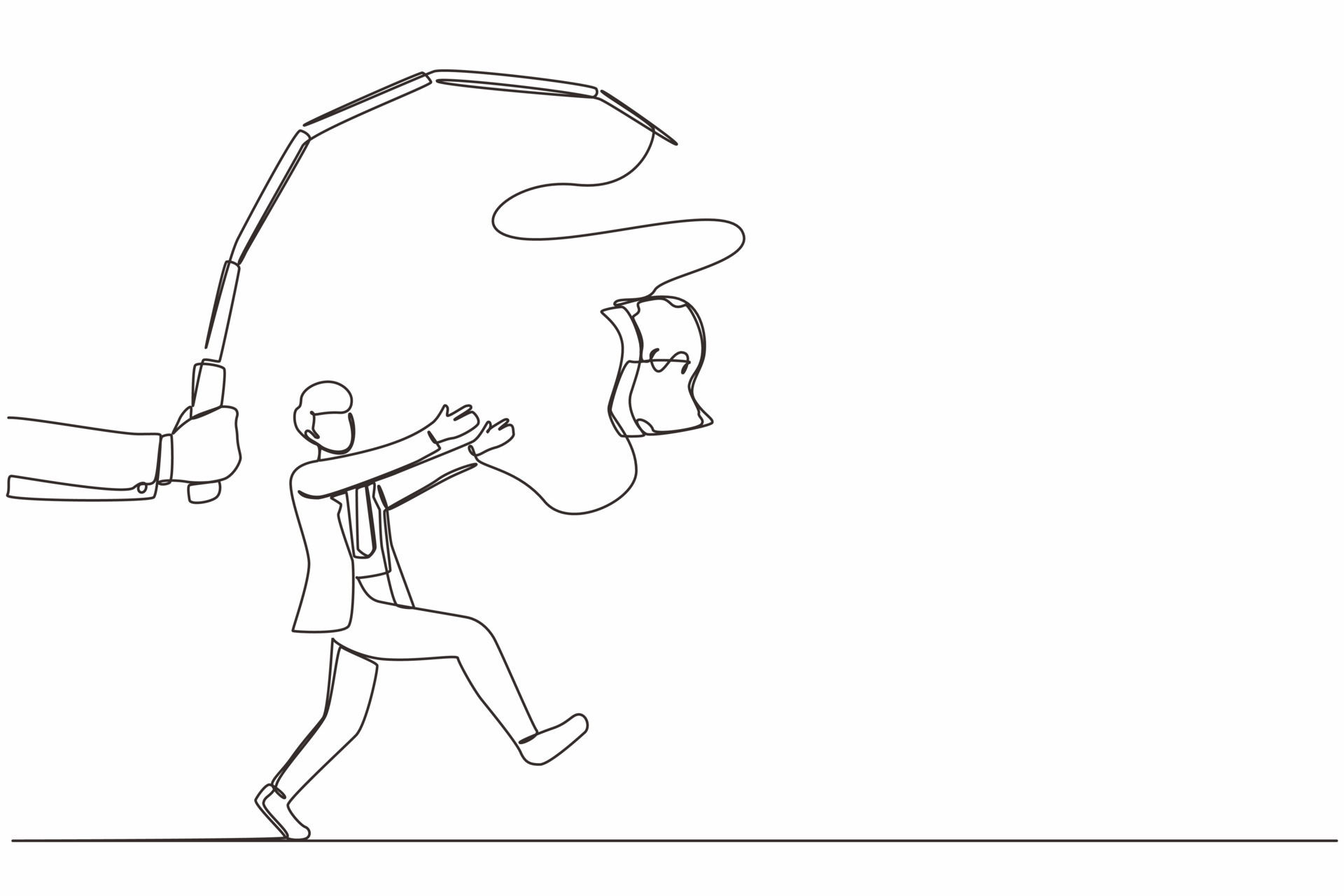 Single continuous line drawing hand with fishing pole and dollar cash  control greedy businessman under hypnosis. Man running after dangling  dollar and trying to catch it. One line draw design vector 10338174