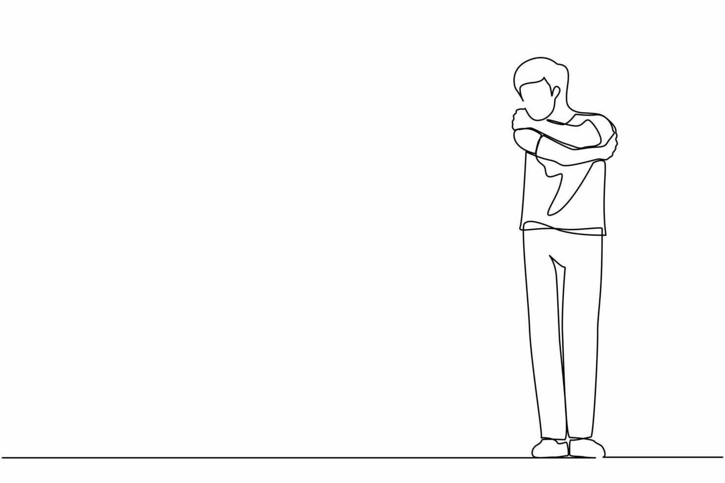 Single continuous line drawing man hugging himself with positive emotion. Happy smiling guy hugging himself with sensuality and love. Charismatic male cuddling oneself. One line graphic design vector