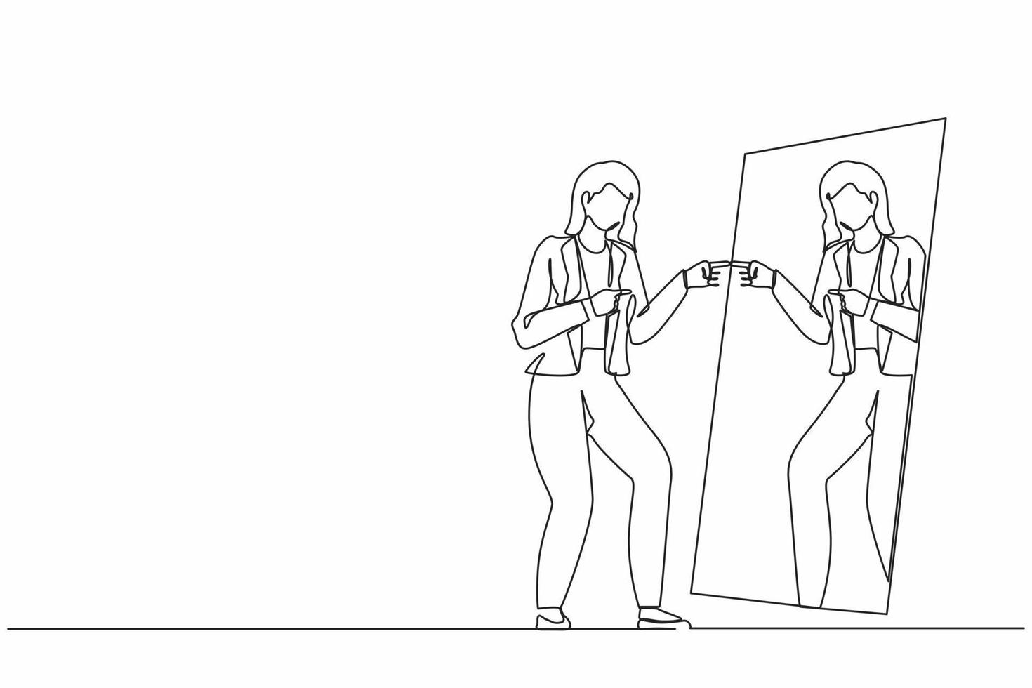 Single continuous line drawing happy narcissistic businesswoman looks at mirror. Woman self reflection. Narcissism and vanity. Look selfishness, narcissistic, admiring. One line graphic design vector