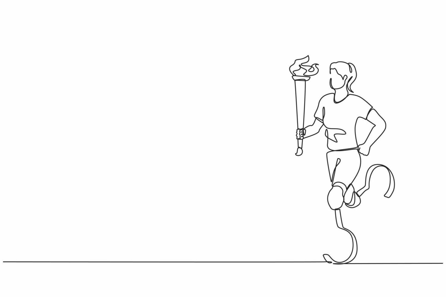 Continuous one line drawing faceless disabled female or sportswoman holding flaming torch in running pose. Disabled sport, success, disability games, championship. Single line graphic design vector