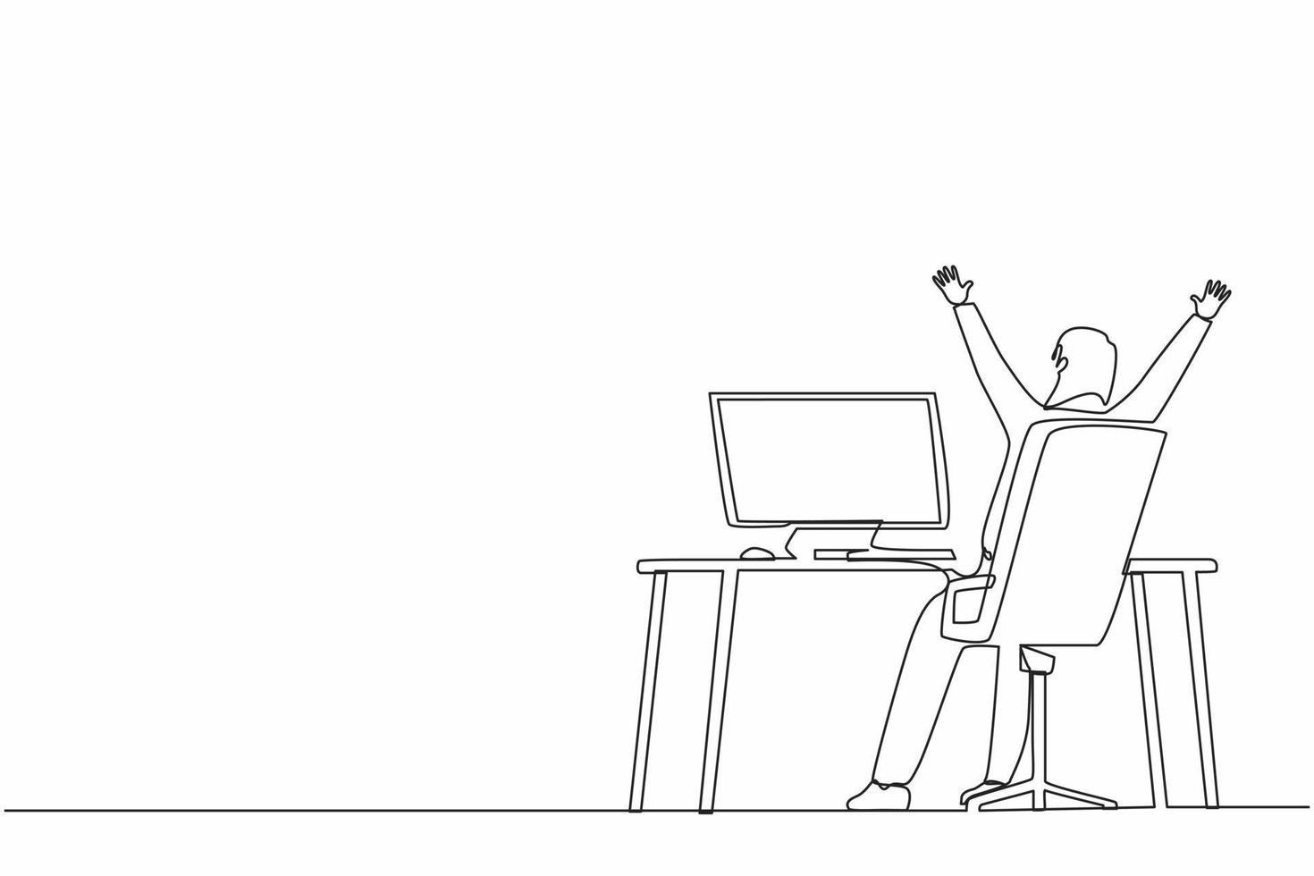 Single one line drawing back view happy woman completed task and triumphing with raised hands on her workplace. Successful well done work. Completed task. Continuous line draw design graphic vector