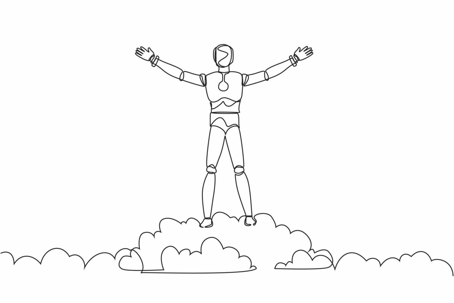 Continuous one line drawing robot on top of cloud with raised hands. Humanoid robot cybernetic organism. Future robotic development. Peaceful, happiness. Single line design vector graphic illustration