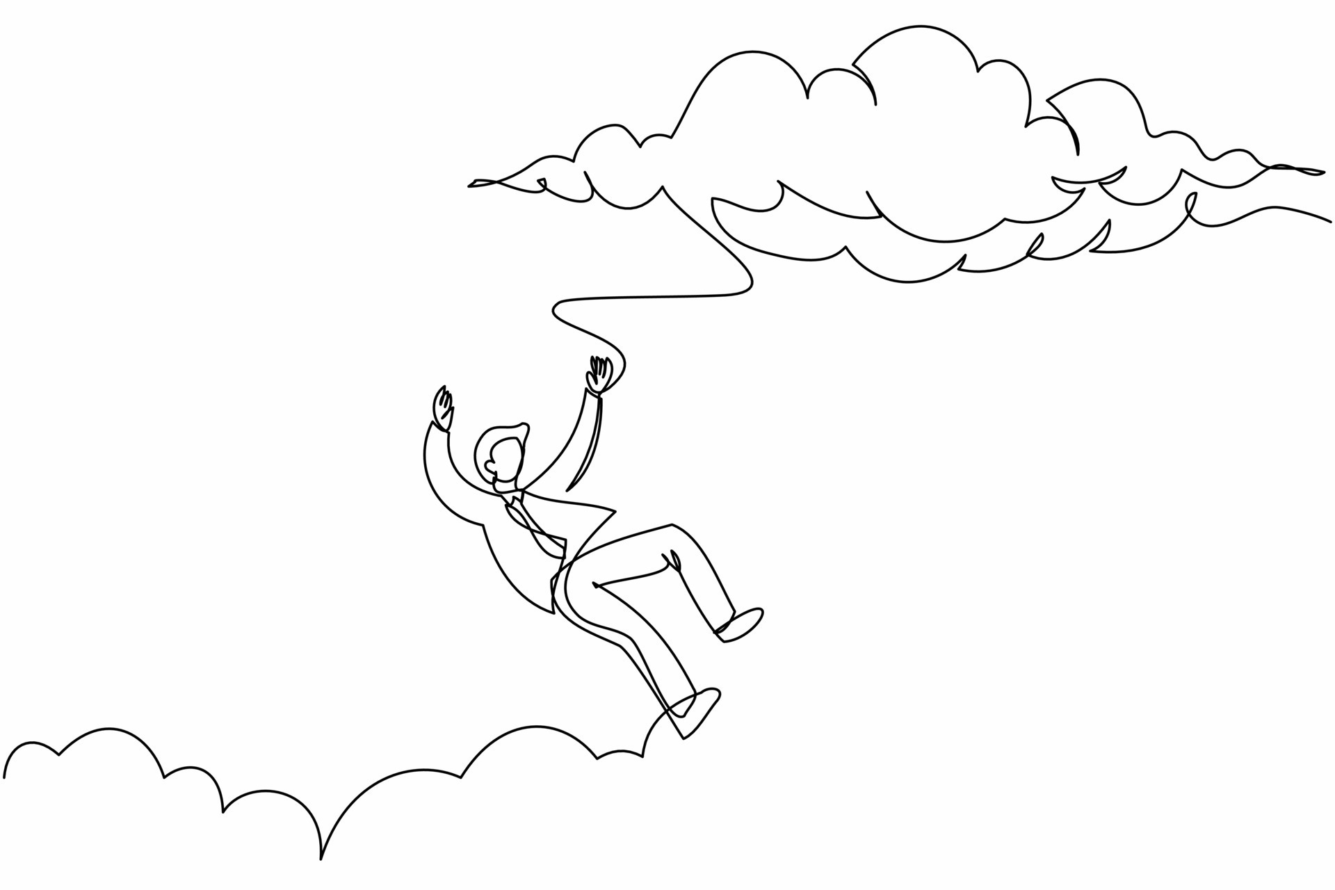 Single one line drawing businessman falling from sky. Failure and
