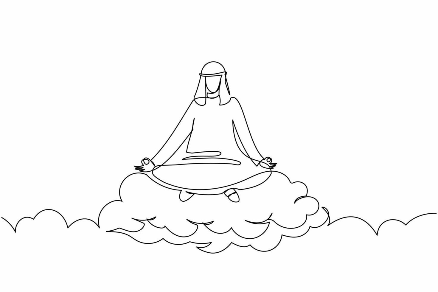 Continuous one line drawing Arabian businessman meditates and resting in lotus position on clouds. Relaxing Arab man with yoga or meditation pose. Single line draw design vector graphic illustration
