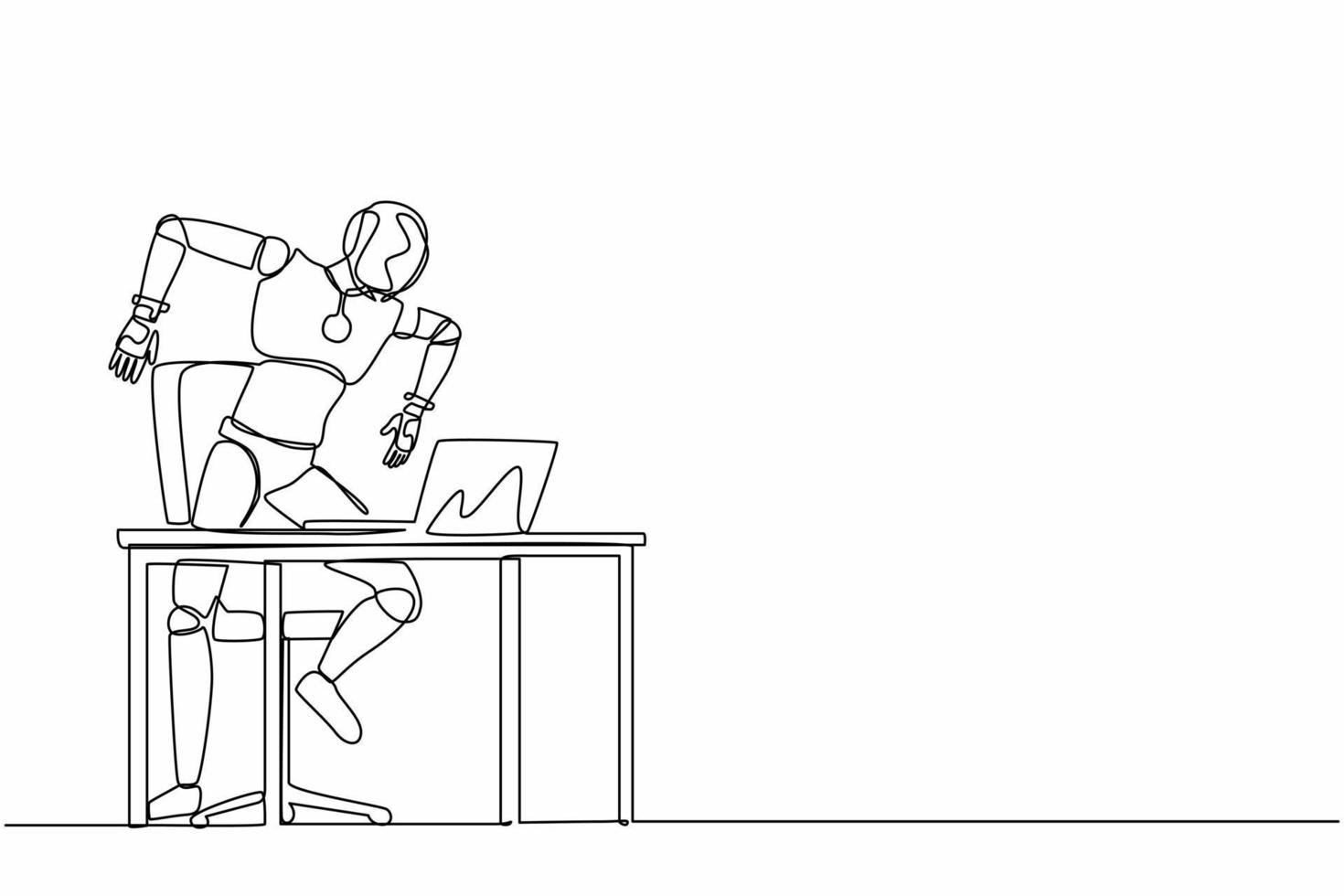 dibujo de una sola línea robot frustrado gritando portátil de pantalla en su escritorio de trabajo. desarrollo tecnológico futuro. Aprendizaje automático de inteligencia artificial. ilustración de vector de diseño de línea continua