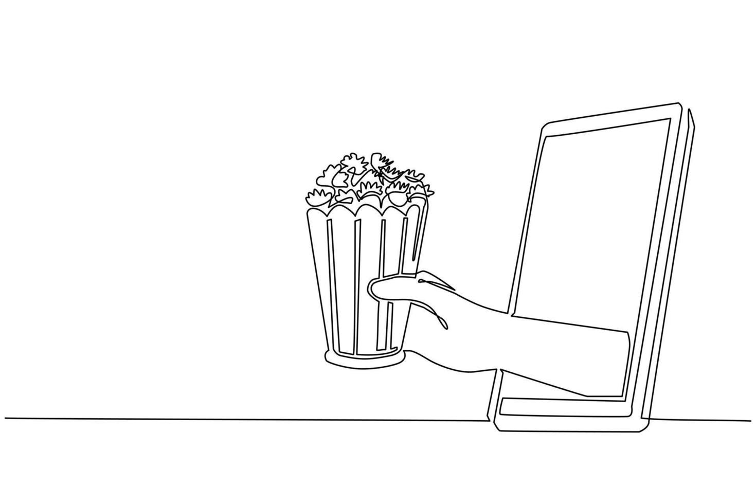 Single continuous line drawing male hand holding popcorn through mobile phone. Concept of cinema restaurant order delivery online food. Application for smartphones. One line draw design graphic vector