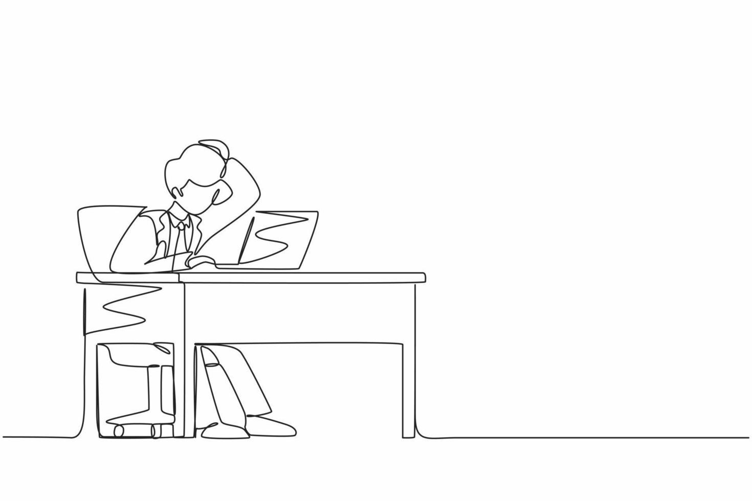 gerente masculino de dibujo continuo de una línea que trabaja en una computadora portátil. hombre de negocios con signo de interrogación sobre la cabeza se rasca la parte posterior de la cabeza sentado frente a la computadora portátil. gráfico vectorial de diseño de una sola línea vector