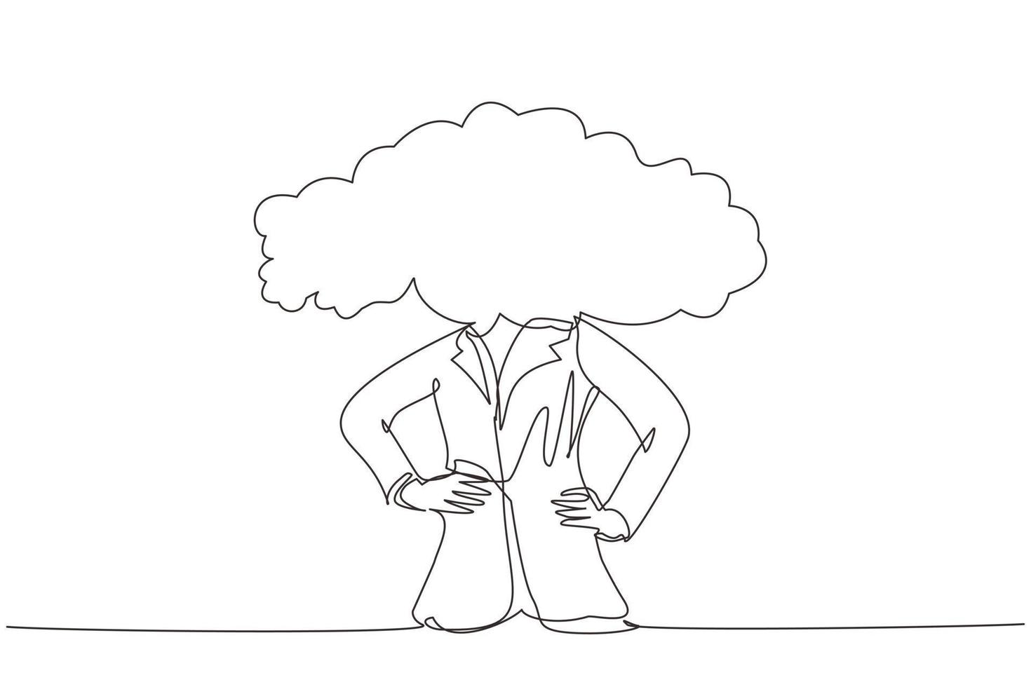 empresaria de cabeza de nube de dibujo de línea continua única. mujer con cabeza vacía y nube en su lugar. concepto distraído, soñador, ausente, poco práctico. ilustración de vector de diseño gráfico de dibujo de una línea