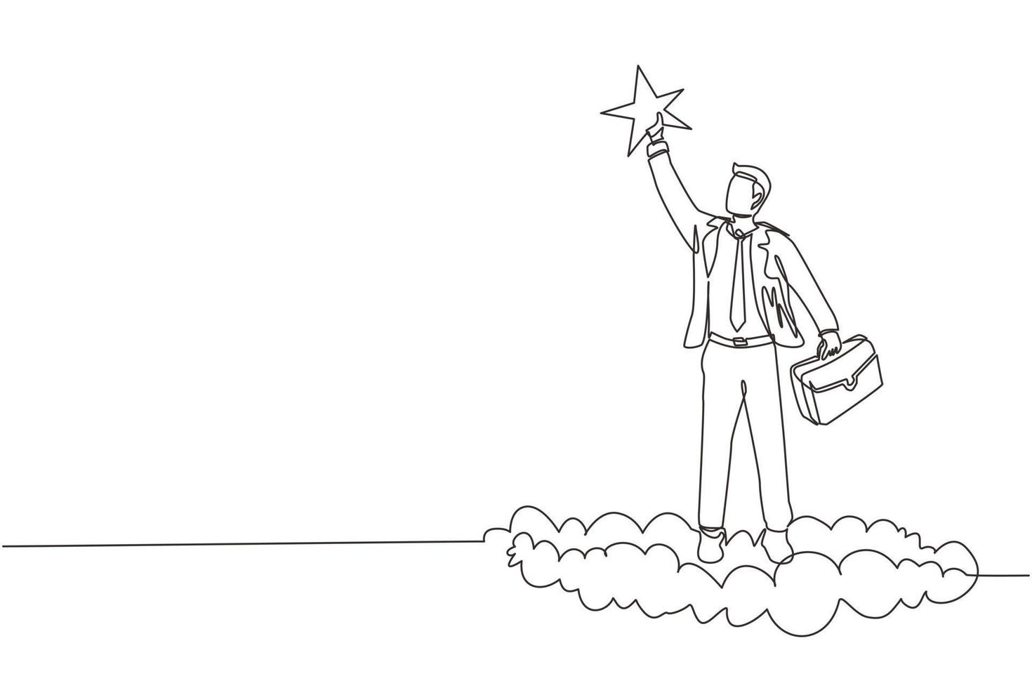 Continuous one line drawing success businessman reaching and grab precious star. Business champion succeed to get reward, winning star employee, career path, dream job. Single line draw design vector