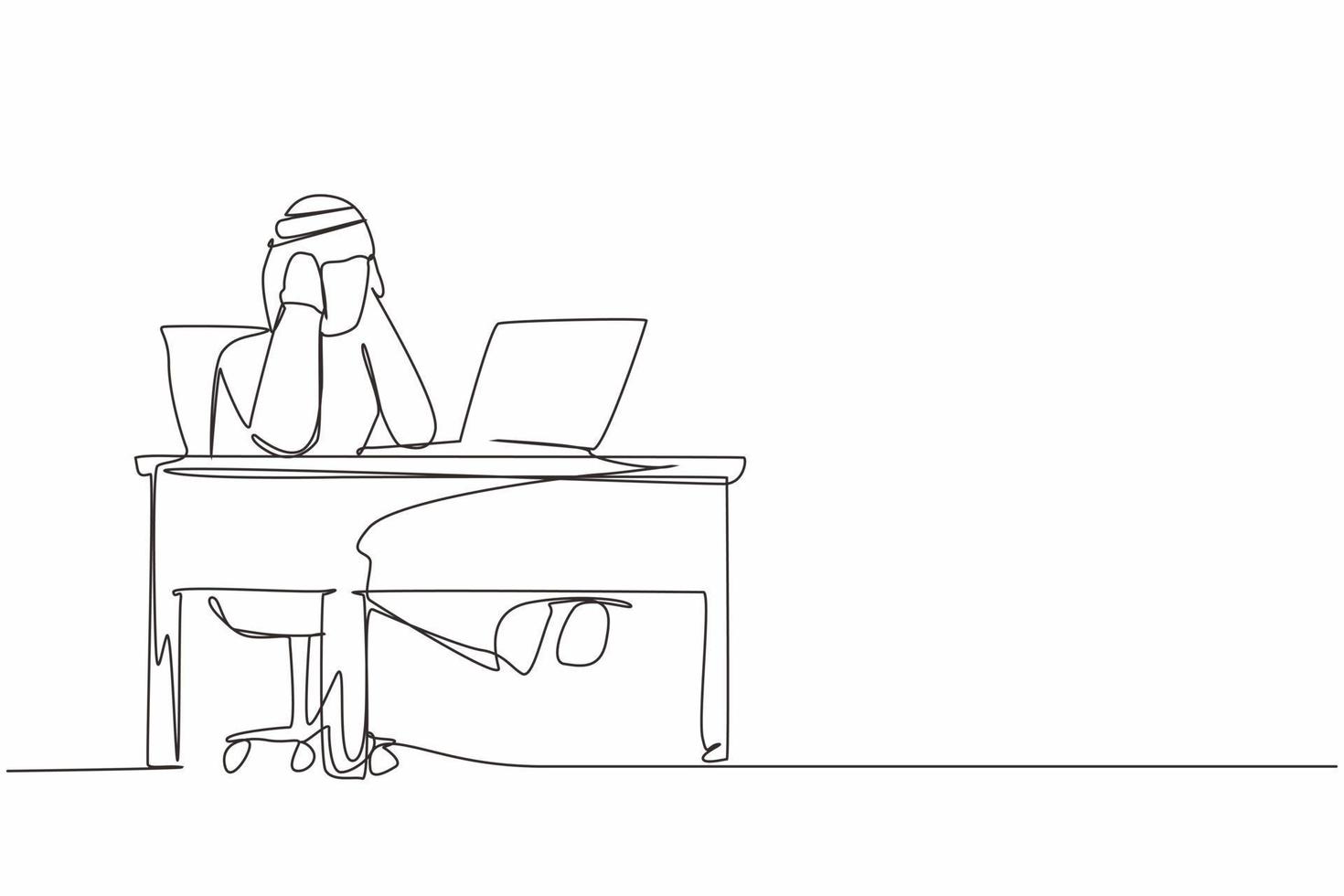 Continuous one line drawing tired office worker man character. Arabian male work at laptop feeling bad. Hold his head. Headache sick, exhausted, stressed, depression. Single line design vector graphic