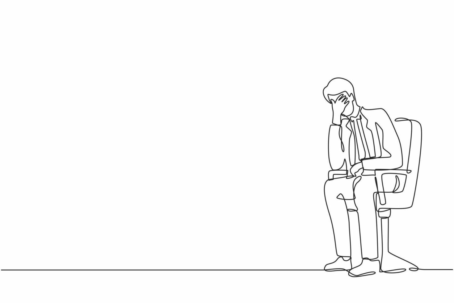 Single continuous line drawing sad depressed businessman sitting on chair thinking about finding money for paying bills during crisis. Financial problems and bankruptcy. One line graphic design vector