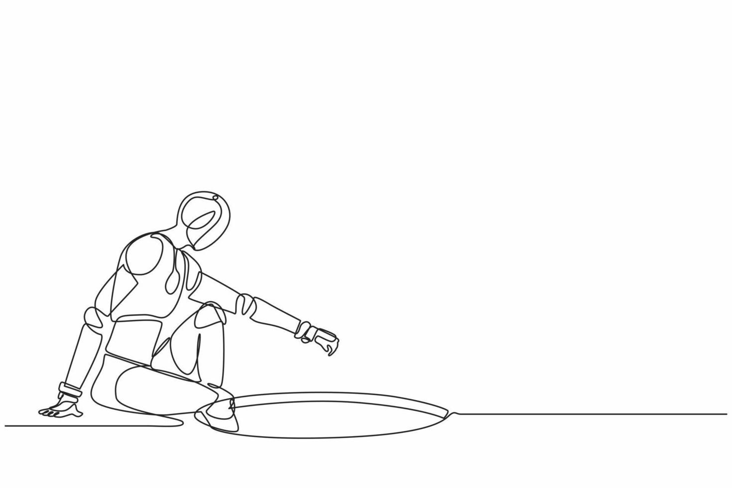 Single one line drawing robot descends into the hole. Future technology development. Artificial intelligence and machine learning processes. Modern continuous line design graphic vector illustration