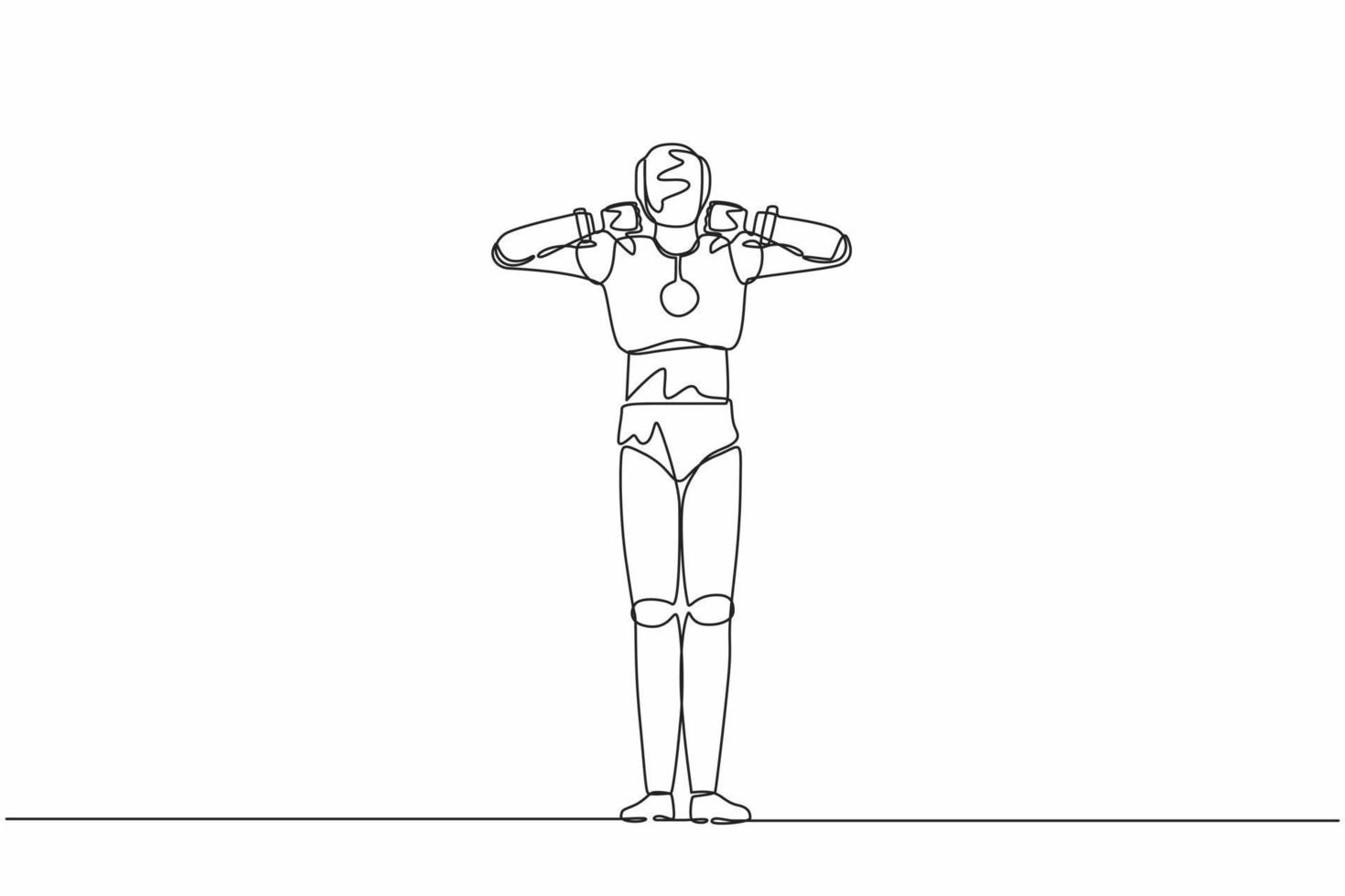 Continuous one line drawing robot showing thumbs down sign gesture. Dislike, disagree, disappointment, disapprove, no deal. Humanoid robot cybernetic organism. Single line design vector illustration