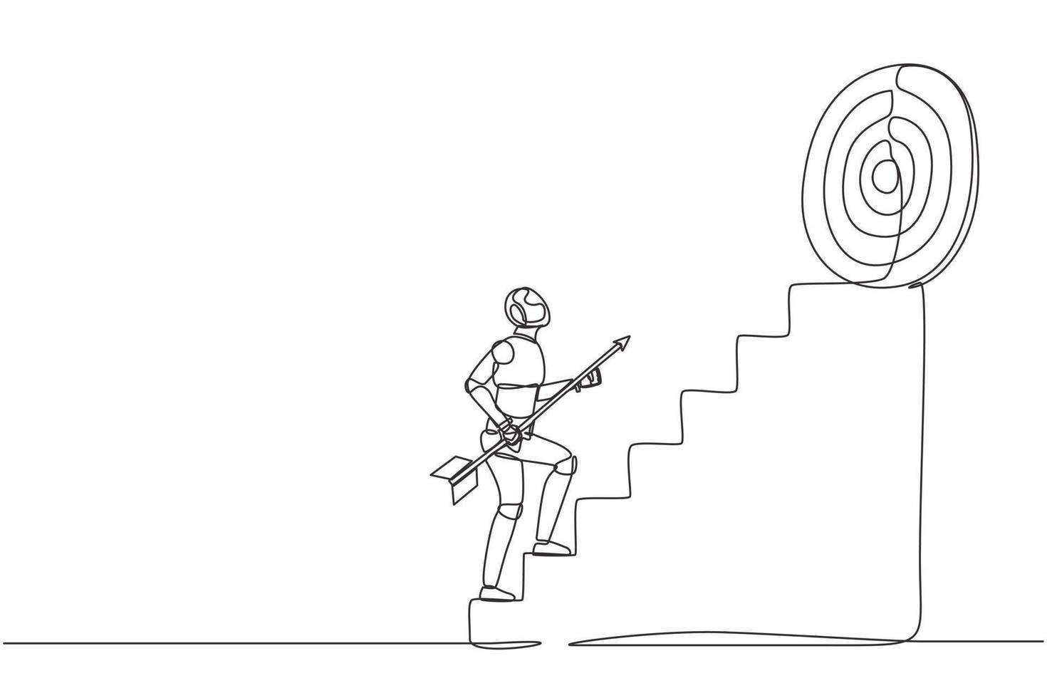 Single continuous line drawing robot holding arrow running up stairway to high target. Robotic artificial intelligence. Electronic technology industry. One line draw graphic design vector illustration