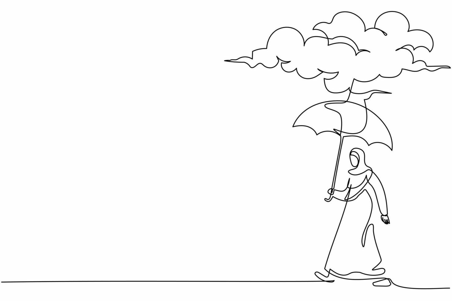 Continuous one line drawing sadness Arabian businesswoman walking with umbrella stand under rain cloud. Depression, cry, passerby at rainy weather. Single line draw design vector graphic illustration