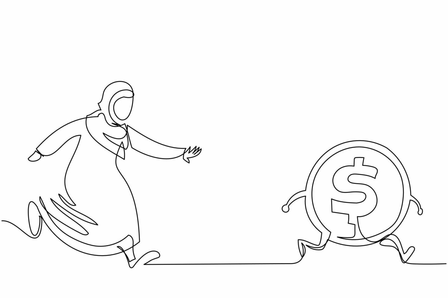 Continuous one line drawing Arab businesswoman chase dollar coin. Office worker want to get much money as possible. Arabian manager chasing success. Single line draw design vector graphic illustration