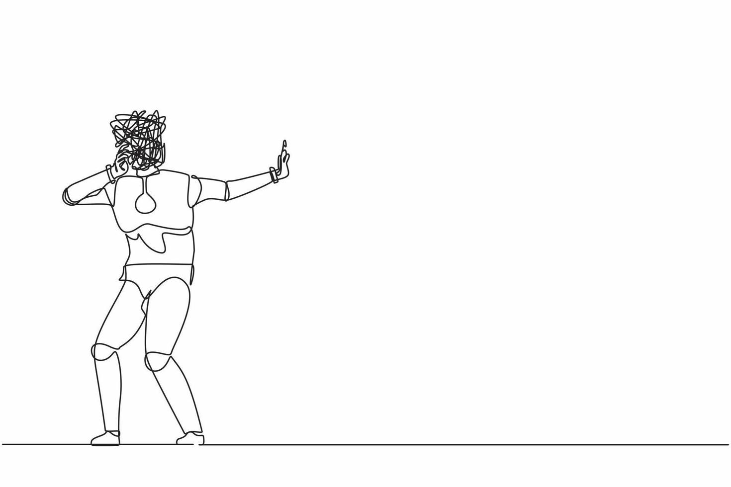 Continuous one line drawing robot with round scribbles instead of head. Stop gesture, robot covering eye with hand. Embarrassed. Robotic artificial intelligence. Single line design vector illustration