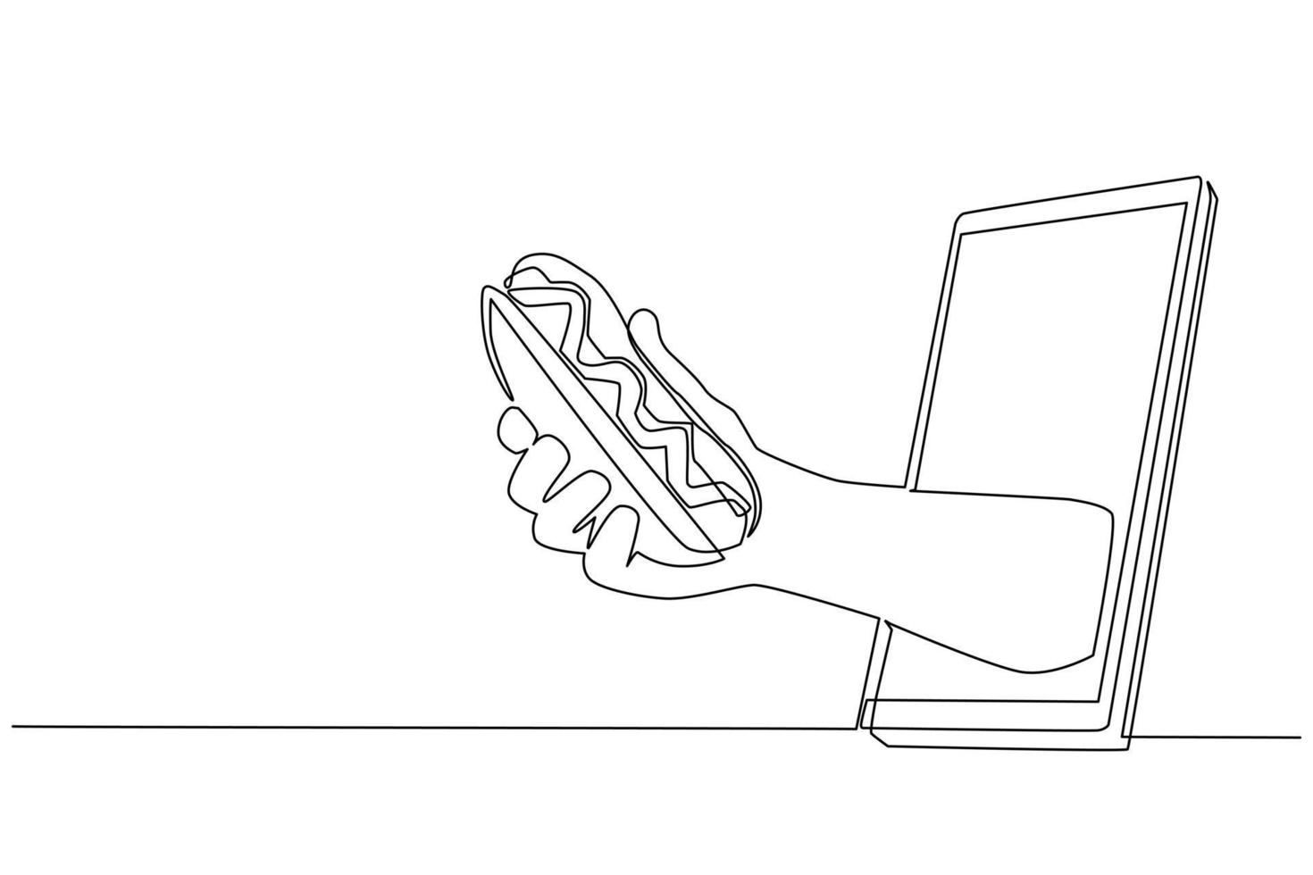 Single one line drawing hand holding hotdog through mobile phone. Concept of restaurant order delivery online food. Application for smartphones. Continuous line draw design graphic vector illustration