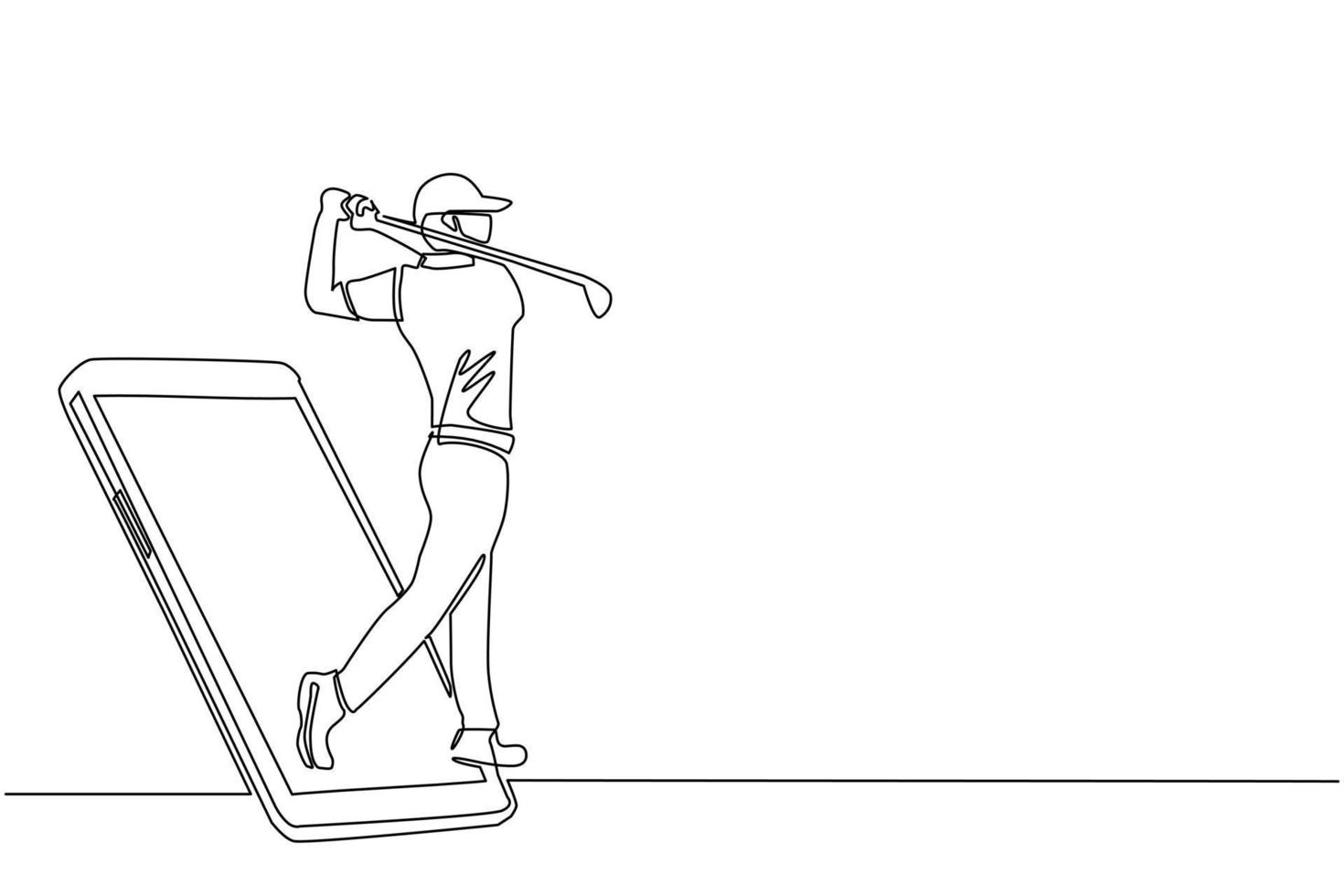 un solo dibujo de una línea hombre jugador de golf swing club de golf saliendo de la pantalla del teléfono inteligente. Partidos deportivos móviles. juego de golf en línea con aplicación móvil en vivo. vector gráfico de diseño de dibujo de línea continua