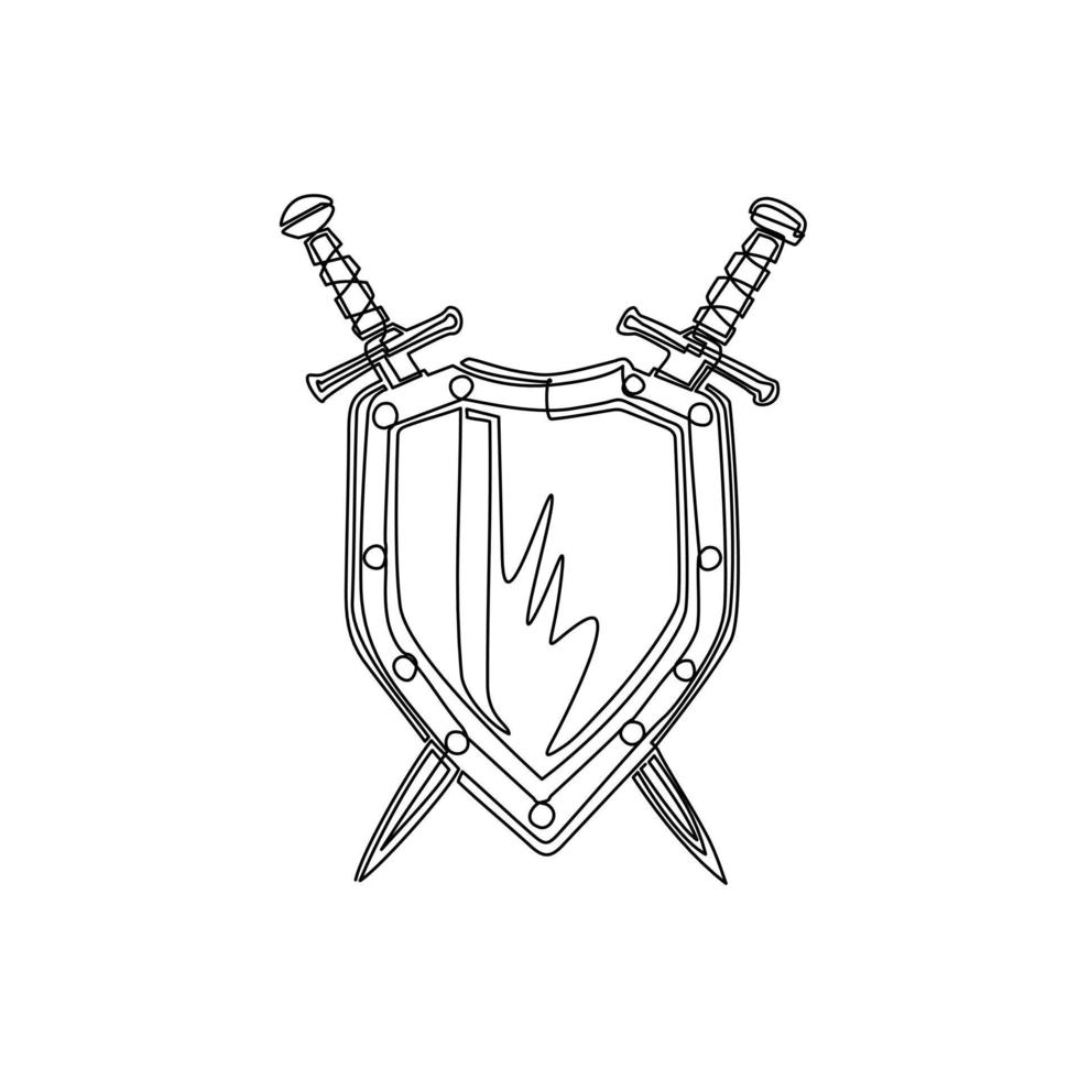 Continuous one line drawing shield and crossed swords icon, flat design swords and shield vector icon, sword icon conception with shield icon, blade and shield. Single line draw vector illustration