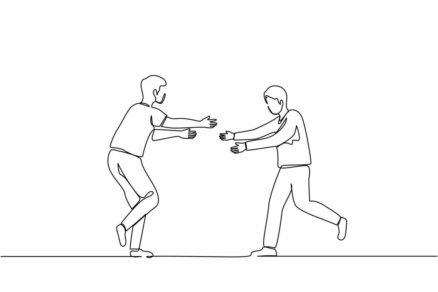 Single continuous line drawing two happy guys run to meet each other. Males embracing and laughing. Meeting of friends. Concept of male friendship. One line draw graphic design vector illustration