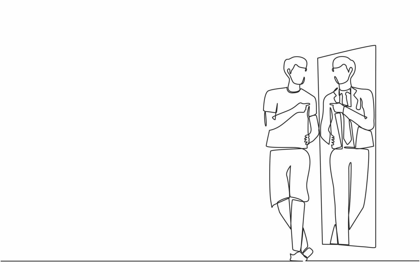 Continuous one line drawing man looking in big mirror see himself as successful businessman wearing expensive suit. Poor man dream to become wealthy businessman. Single line draw design vector graphic