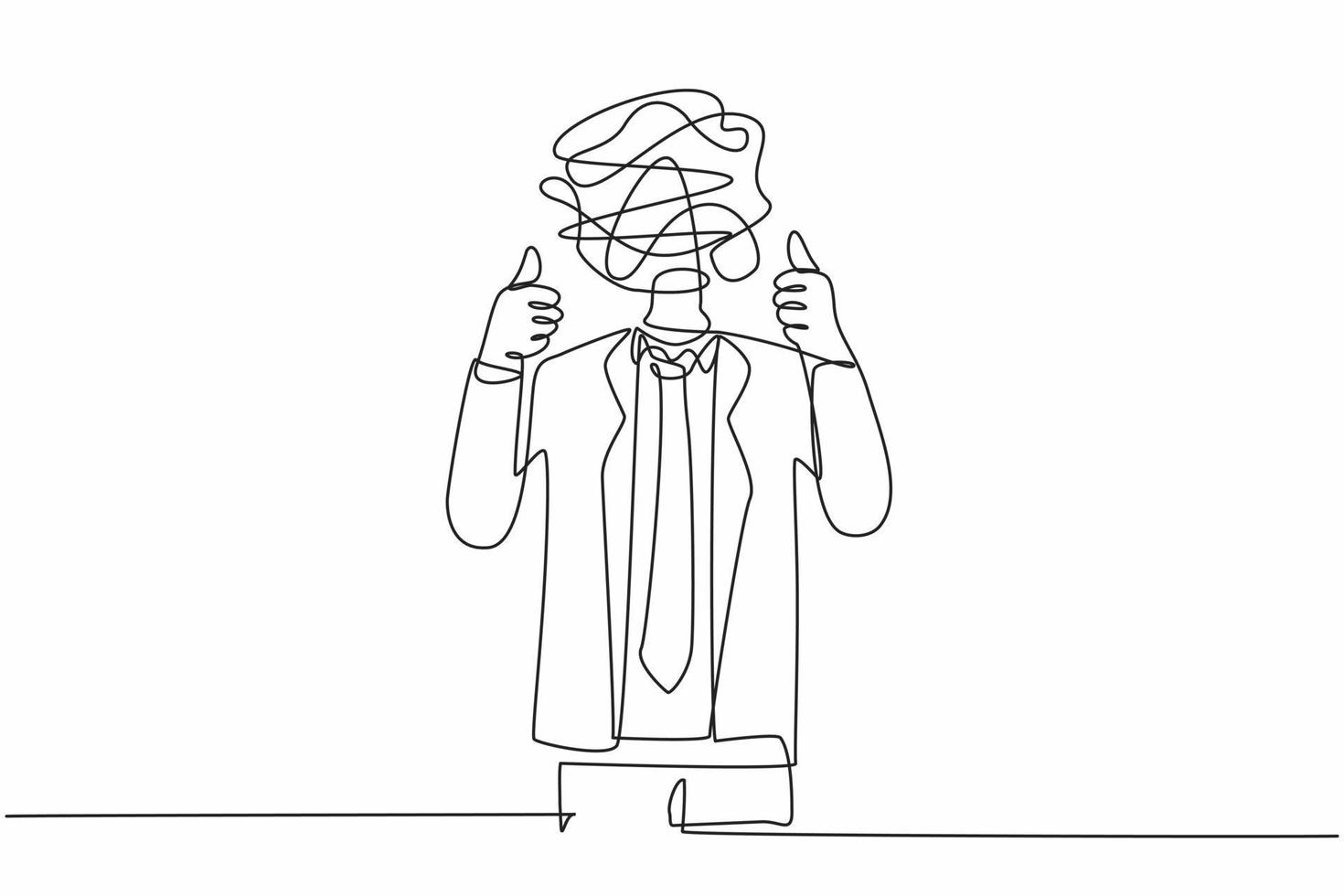 Single one line drawing businessman with round scribbles instead of a head. Confused male manager showing thumb up. Deal, like, agree, approve, accept. continuous line draw design vector illustration