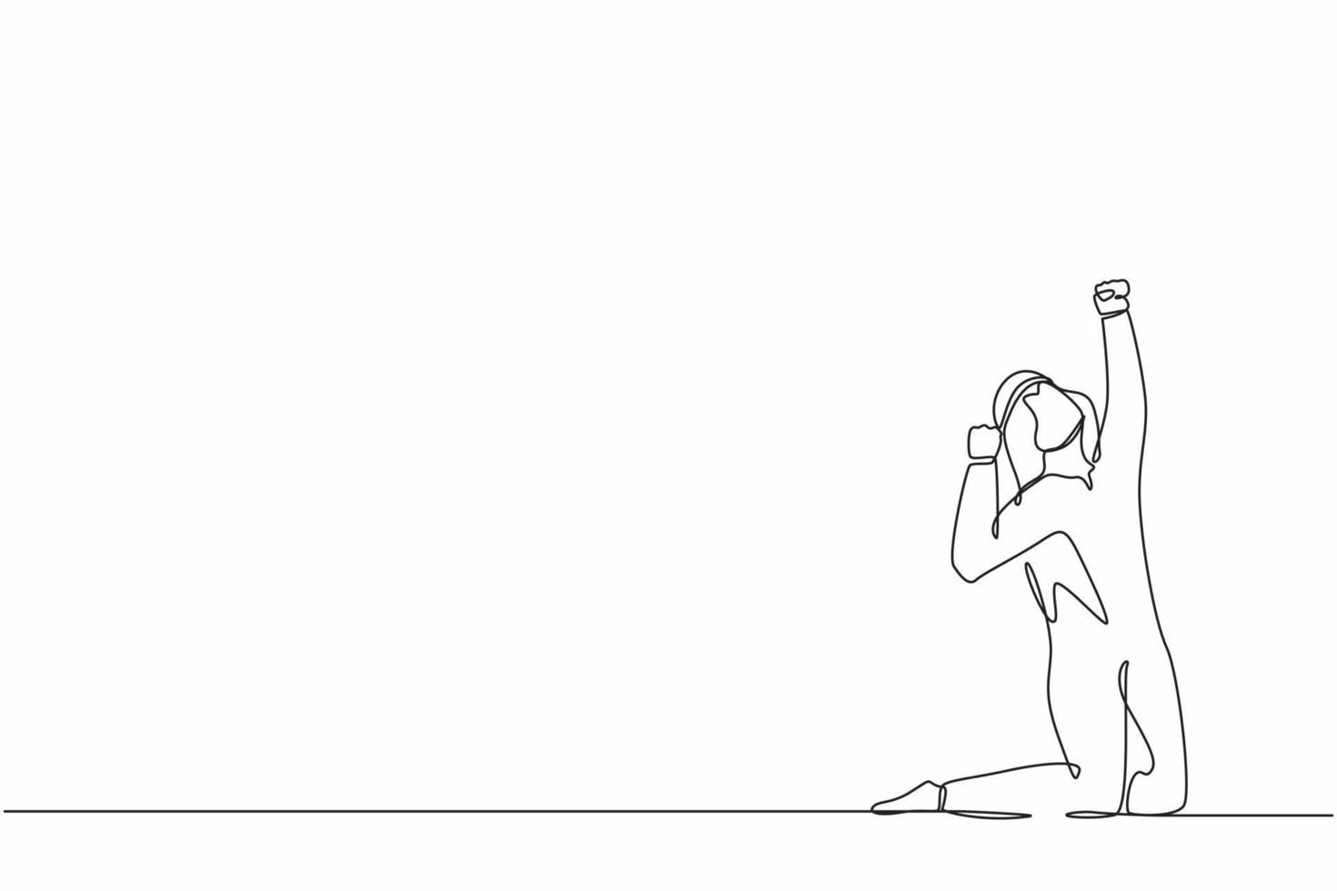 Single one line drawing happy Arabian businessman kneeling with raised one hand high and raised other. Salesman celebrates salary increase from company. Continuous line draw design vector illustration