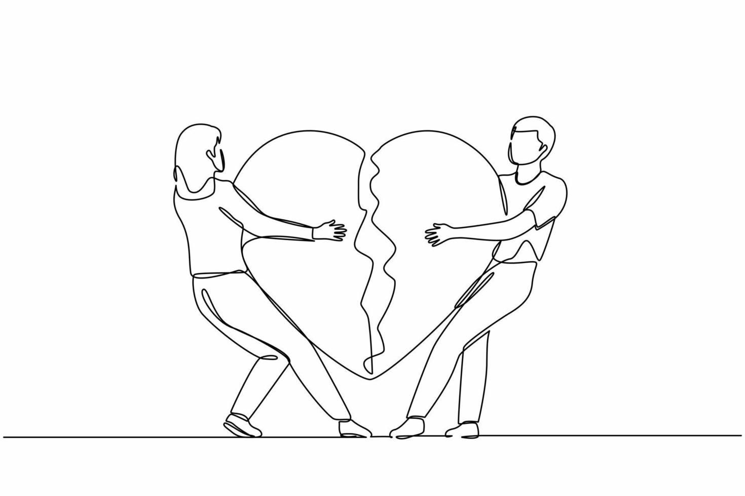 Continuous one line drawing lovers broken heart. Young man, woman pulled apart causing each other feel great sorrow, couple in disagreement at end of relationship. Single line graphic design vector