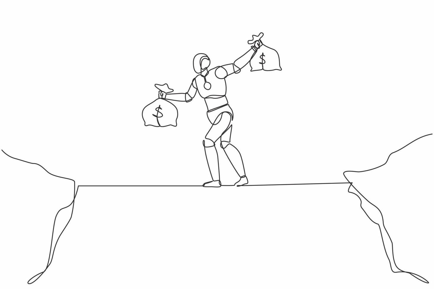 Continuous one line drawing robot walk over cliff gap mountain carry two money bag risking dangerous. Humanoid robot cybernetic organism. Future robotic. Single line draw design vector illustration