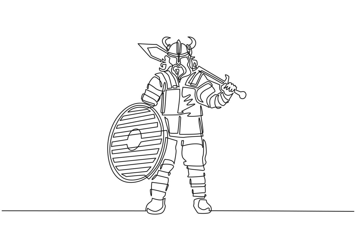 Continuous one line drawing norseman viking warrior raider barbarian wearing horned helmet with beard holding sword and shield on isolated white background. Single line draw design vector illustration
