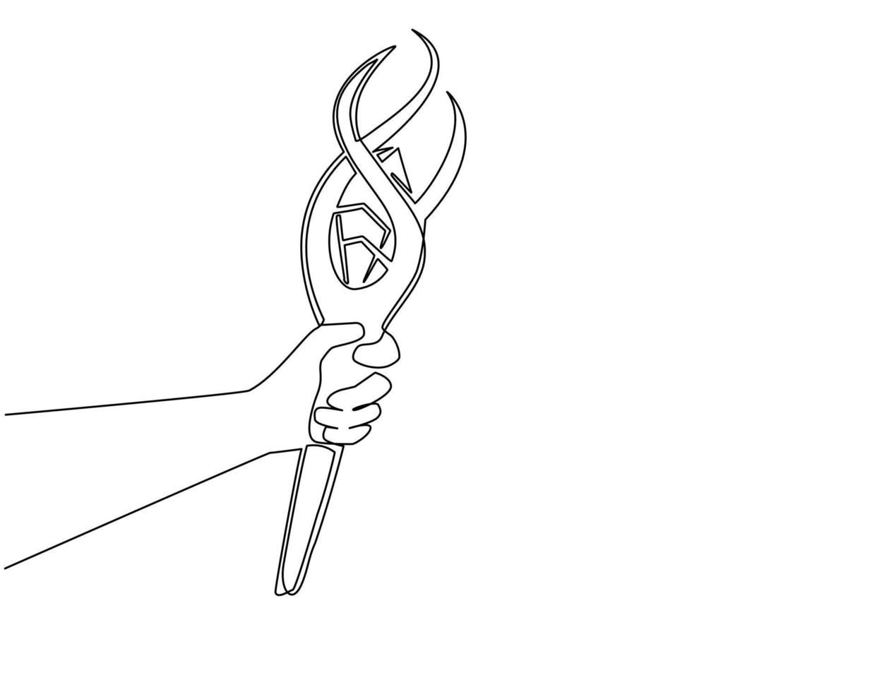 Single continuous line drawing hand holding magic staff of wizard, mage, warlock, shaman. Cartoon line art illustration of legendary weapon for fantasy characters. One line draw graphic design vector