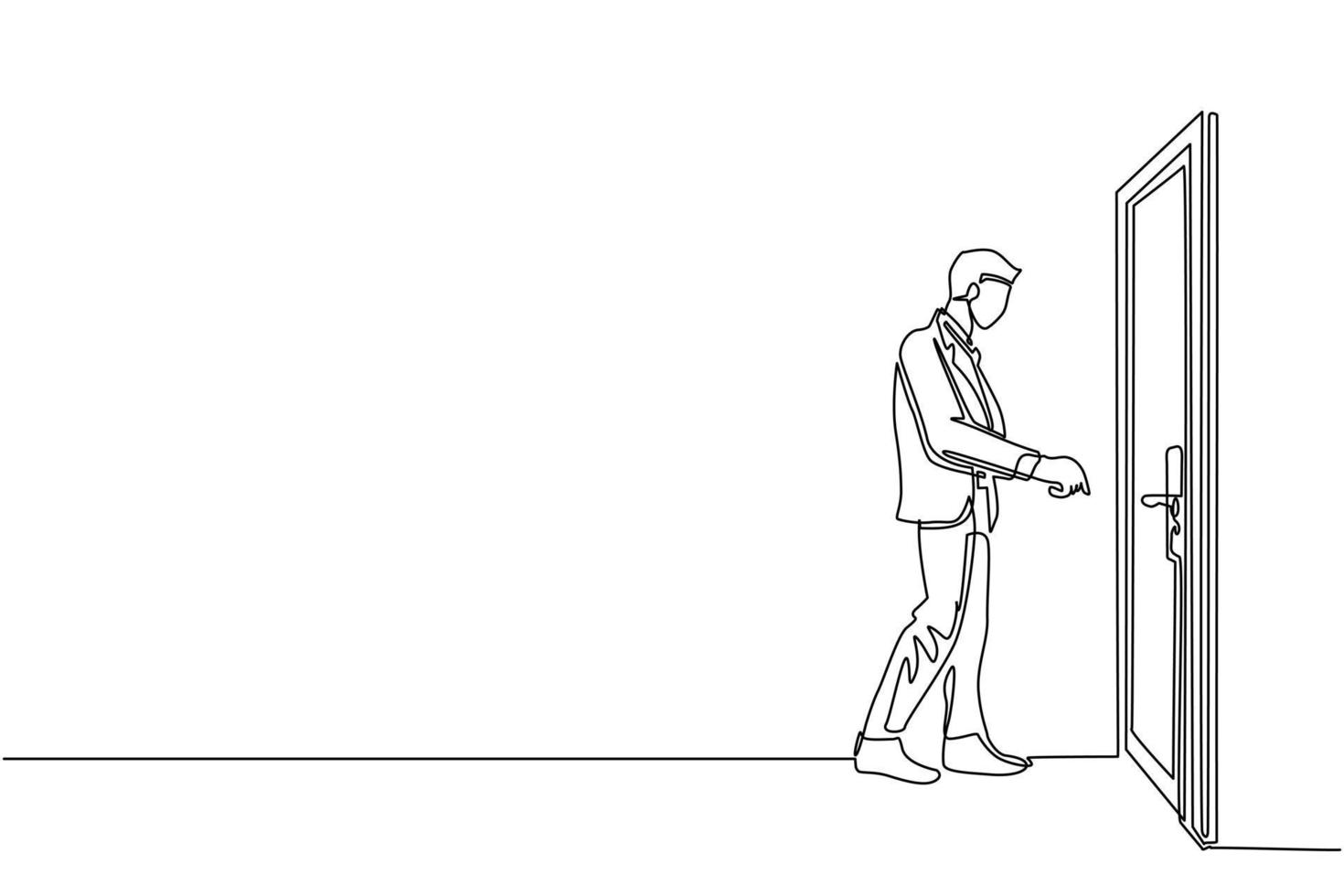 Continuous one line drawing businessman inserts the key into the keyhole which is on the door. Man opens office room door with key. Success business concept. Single line draw design vector graphic