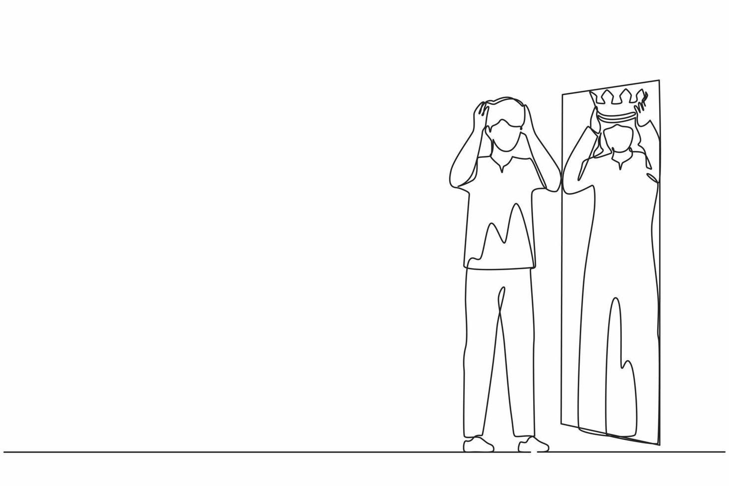 Continuous one line drawing narcissistic Arabian businessman looking at mirror, seeing in reflection of himself with crown on his head. Person overestimate, self confidence. Single line design vector