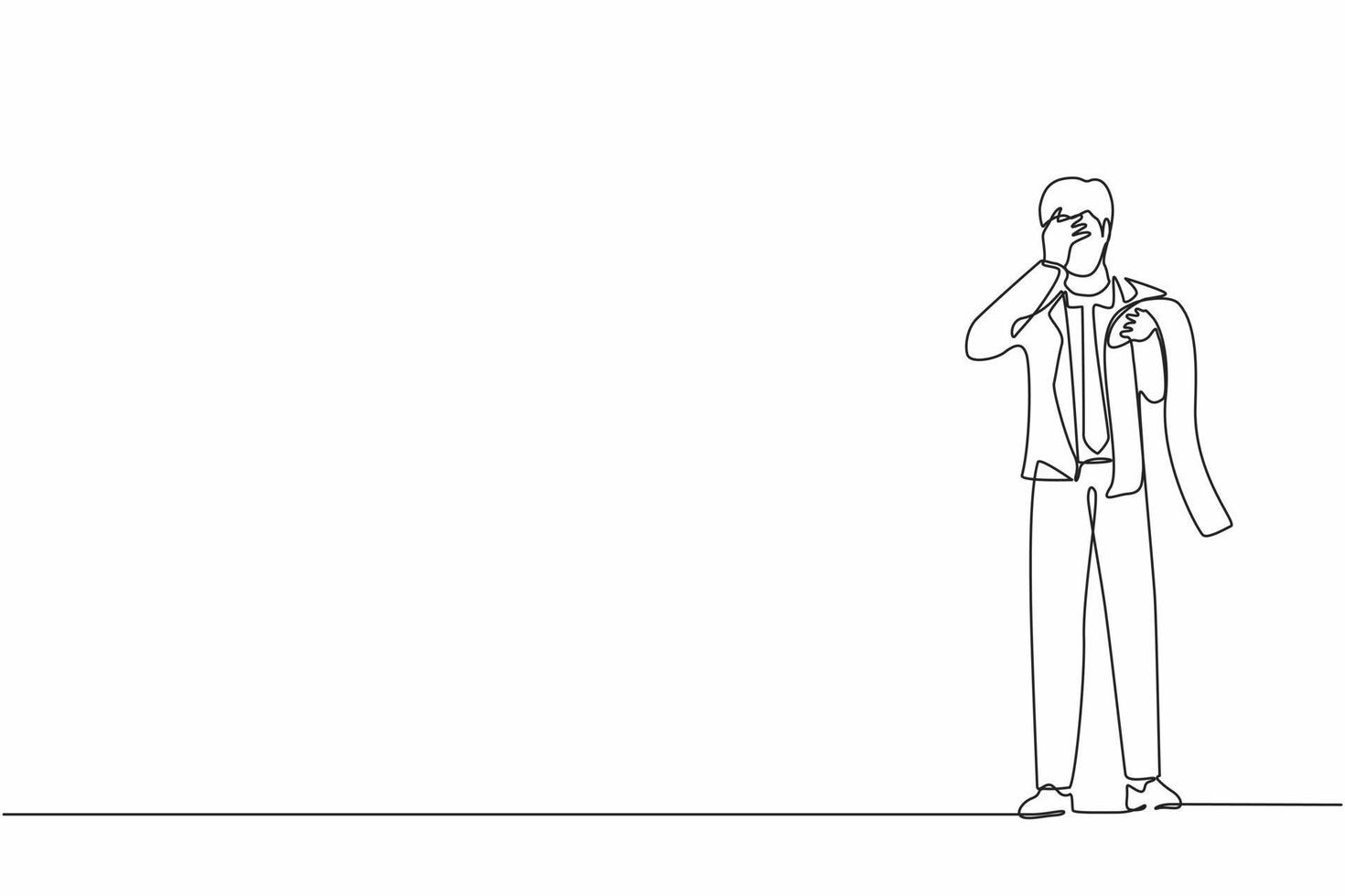 Single continuous line drawing financial problems and bankruptcy concept. Sad depressed businessman standing thinking about finding money for paying bills during crisis. One line graphic design vector