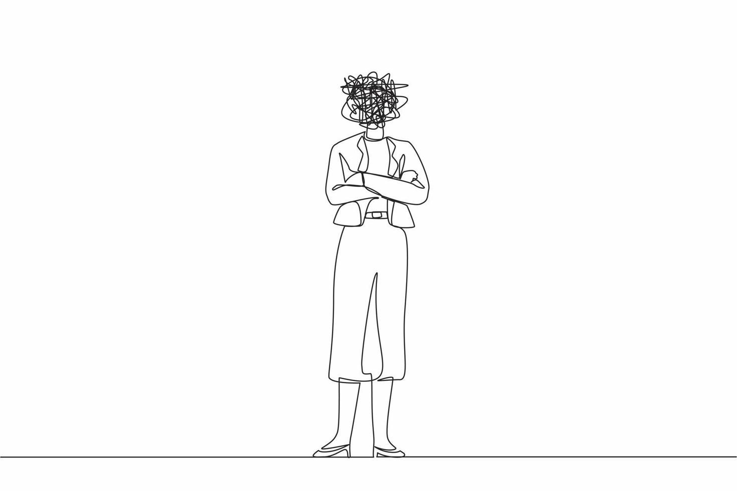 Continuous one line drawing businesswoman with round scribbles instead of head. Female manager in blazer keeping arms crossed. Female standing with folded arms pose. Single line graphic design vector