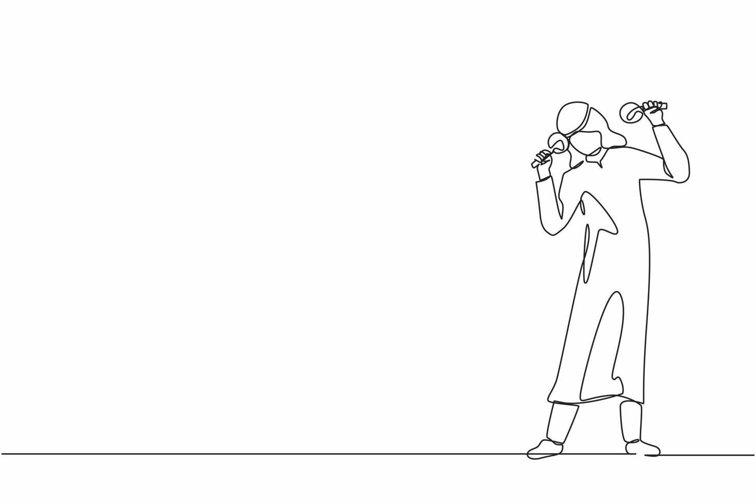 Single one line drawing man street band player mariachi plays maracas. Arabian male with maracas musical instruments, mariachi player at national festival. Continuous line draw design graphic vector