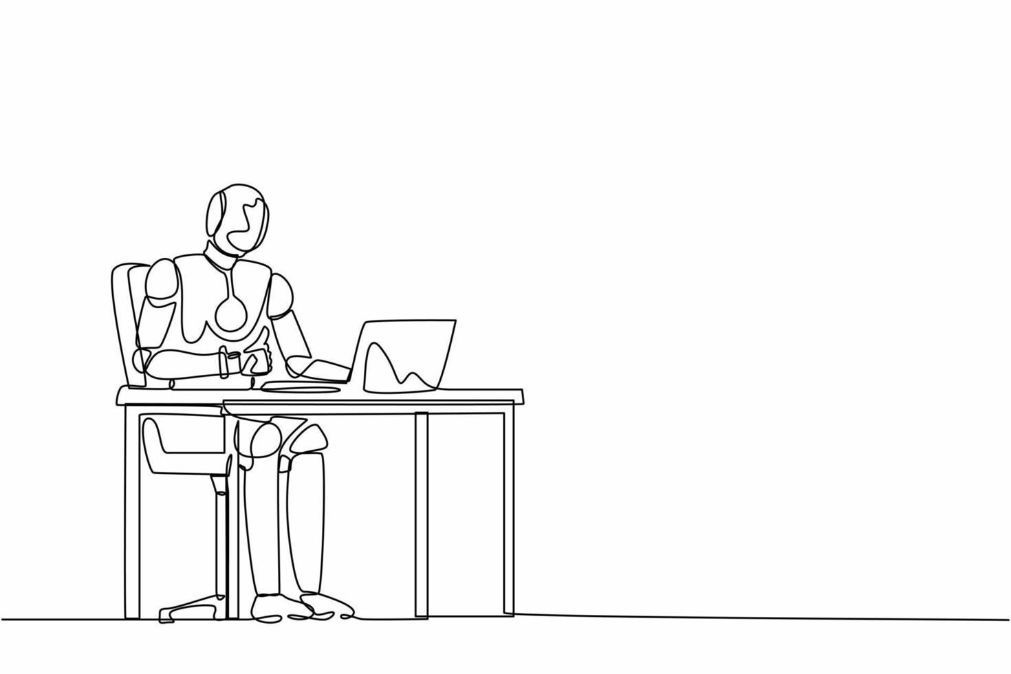 Continuous one line drawing robot giving thumbs up sign in front of computer. Humanoid robot cybernetic organism. Future robotics development concept. Single line design vector graphic illustration