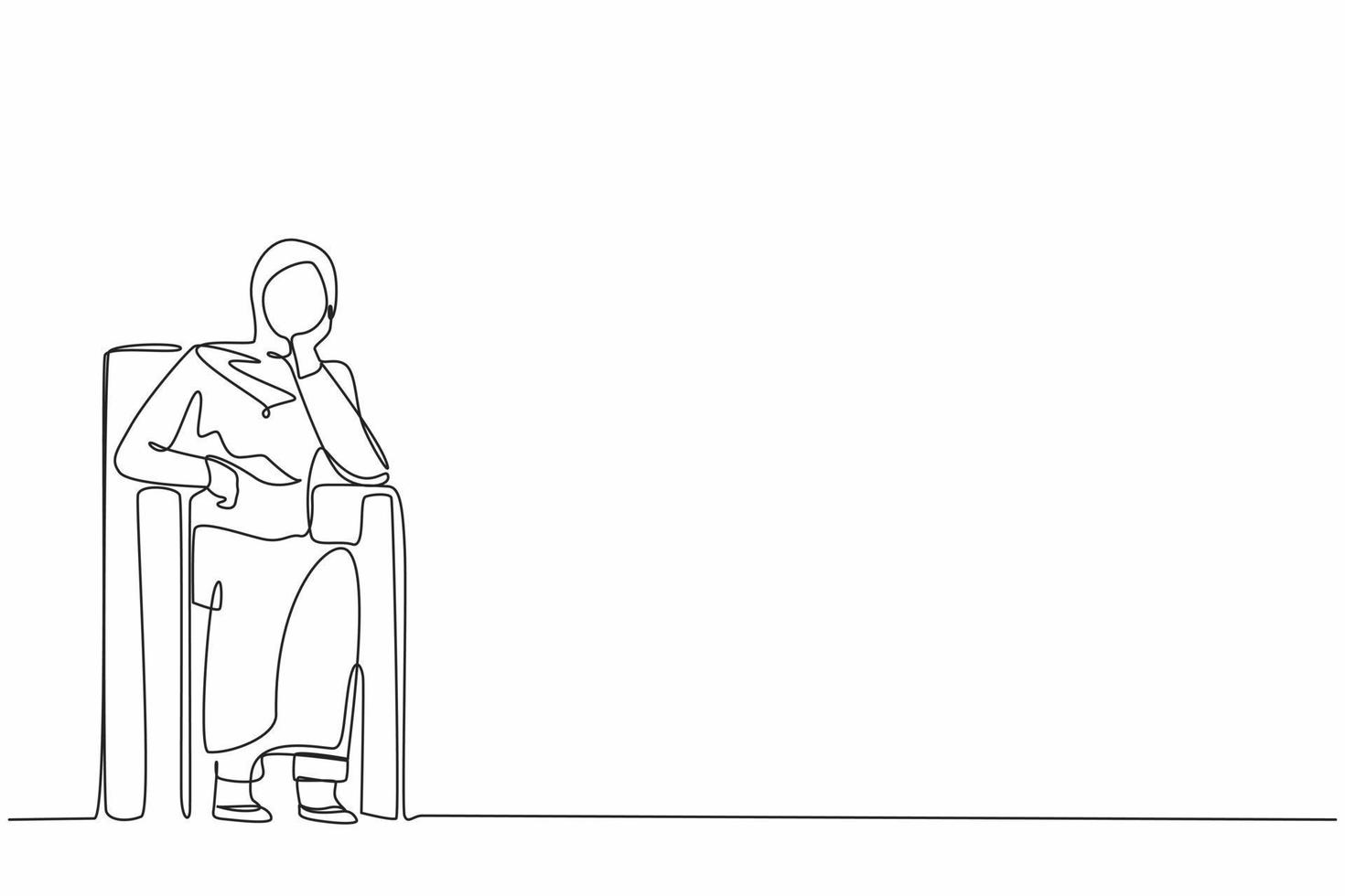 Single continuous line drawing Arab businesswoman sitting at sofa, feeling stressed, alone. Anxious worker sit on couch, crying, feel frustrated, depressed, suffer. One line draw graphic design vector