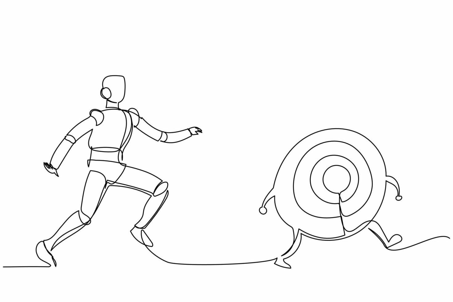 Continuous one line drawing robot chase dartboard target. Accuracy and aim precision business. Humanoid robot cybernetic organism. Future robotic development. Single line design vector illustration
