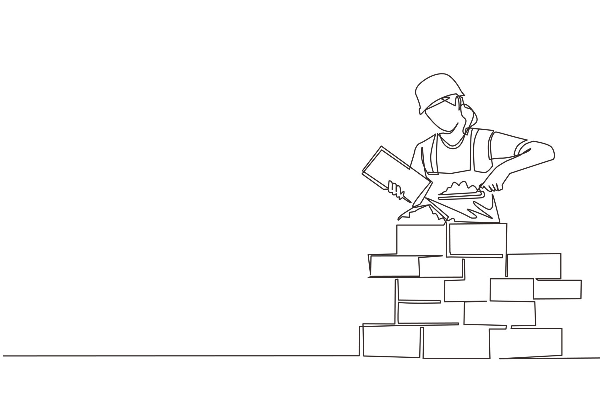 Continuous one line drawing repairwoman building brick wall