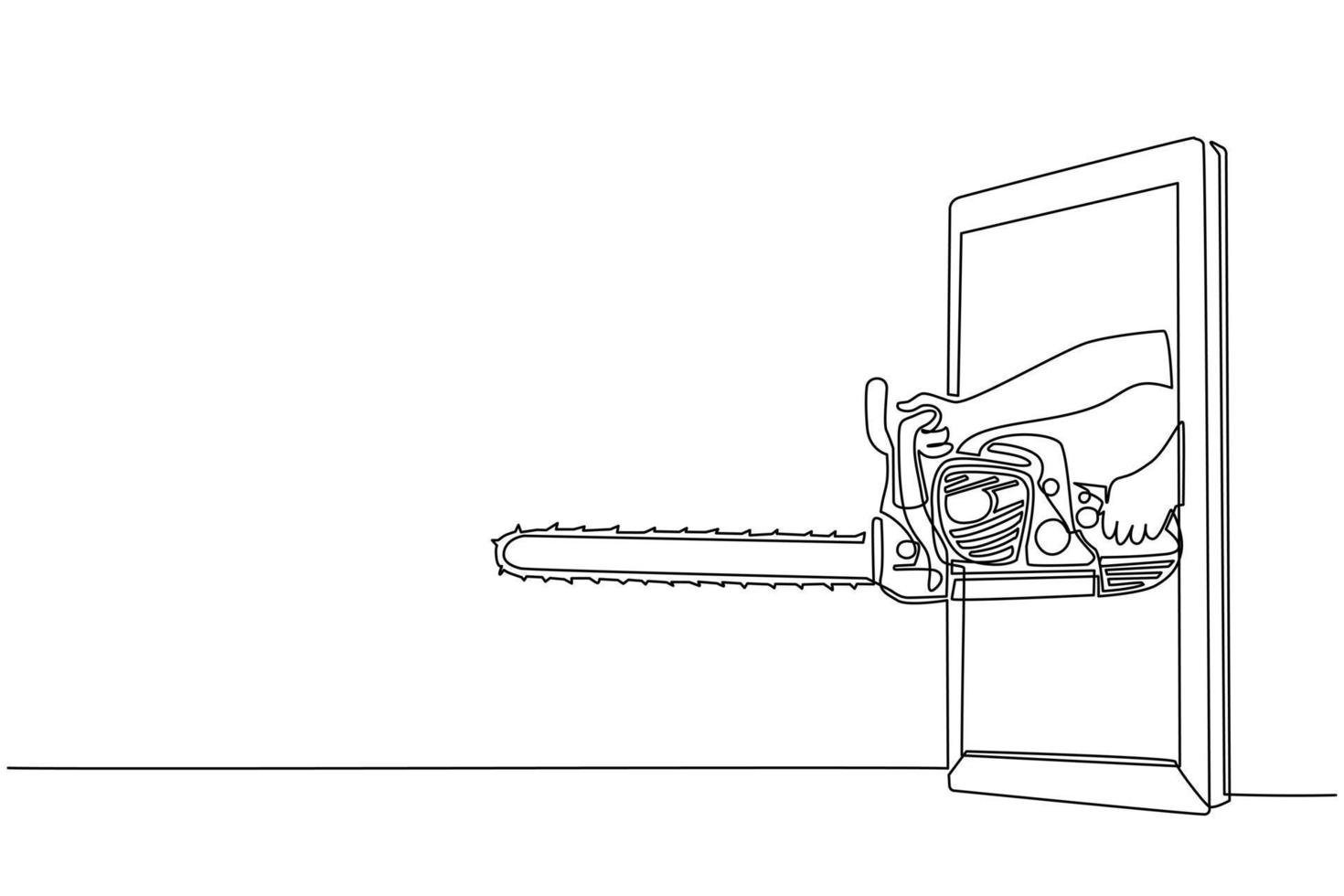 Single one line drawing hand holding chainsaw through mobile phone. Concept of lumberjack video games, e-sport, entertainment application for smartphones. Continuous line draw design graphic vector