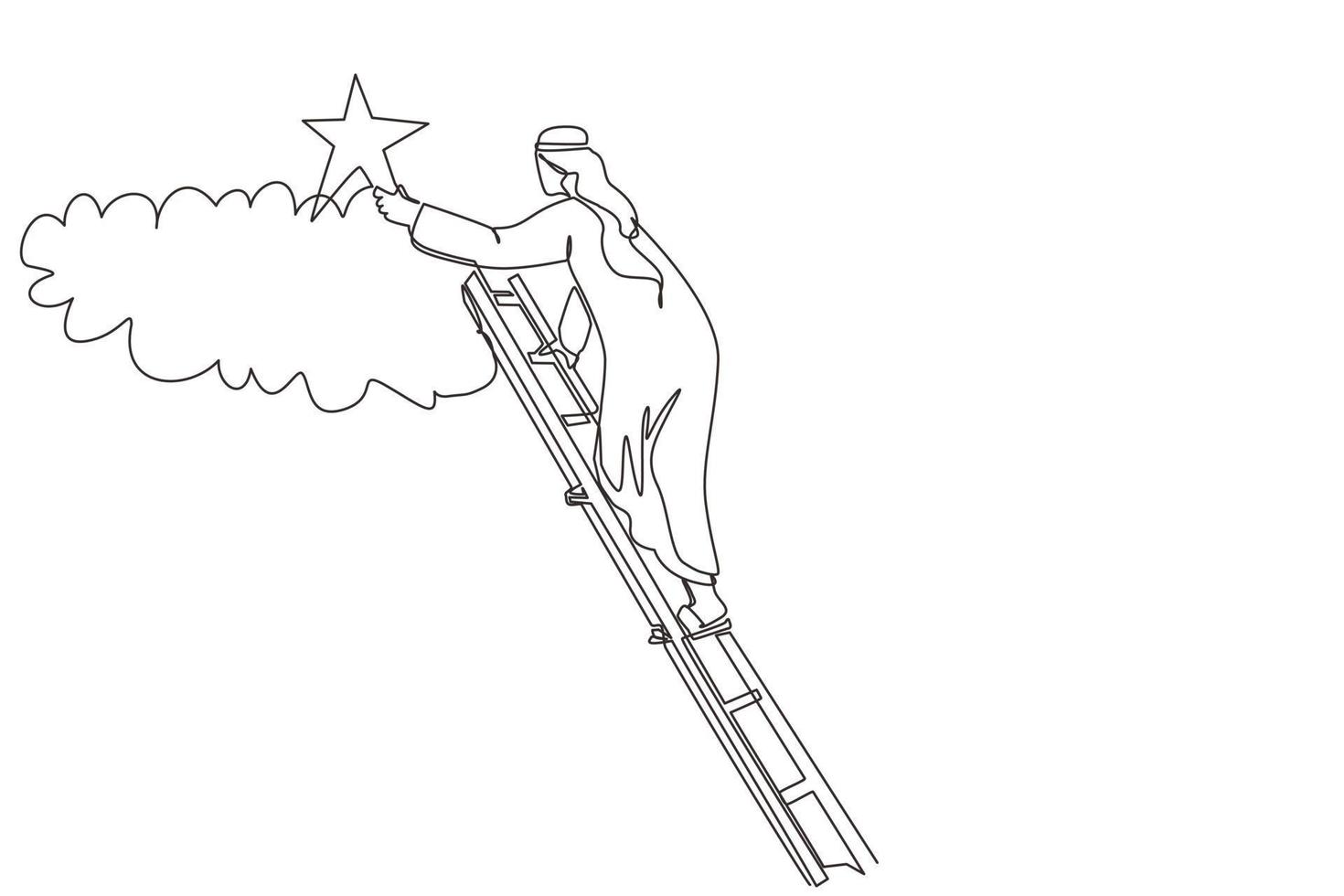 Single one line drawing Arab businessman is standing on stairs and reaching star on the sky. Goals and dreams. Business, career, achievement concept. Continuous line design graphic vector illustration